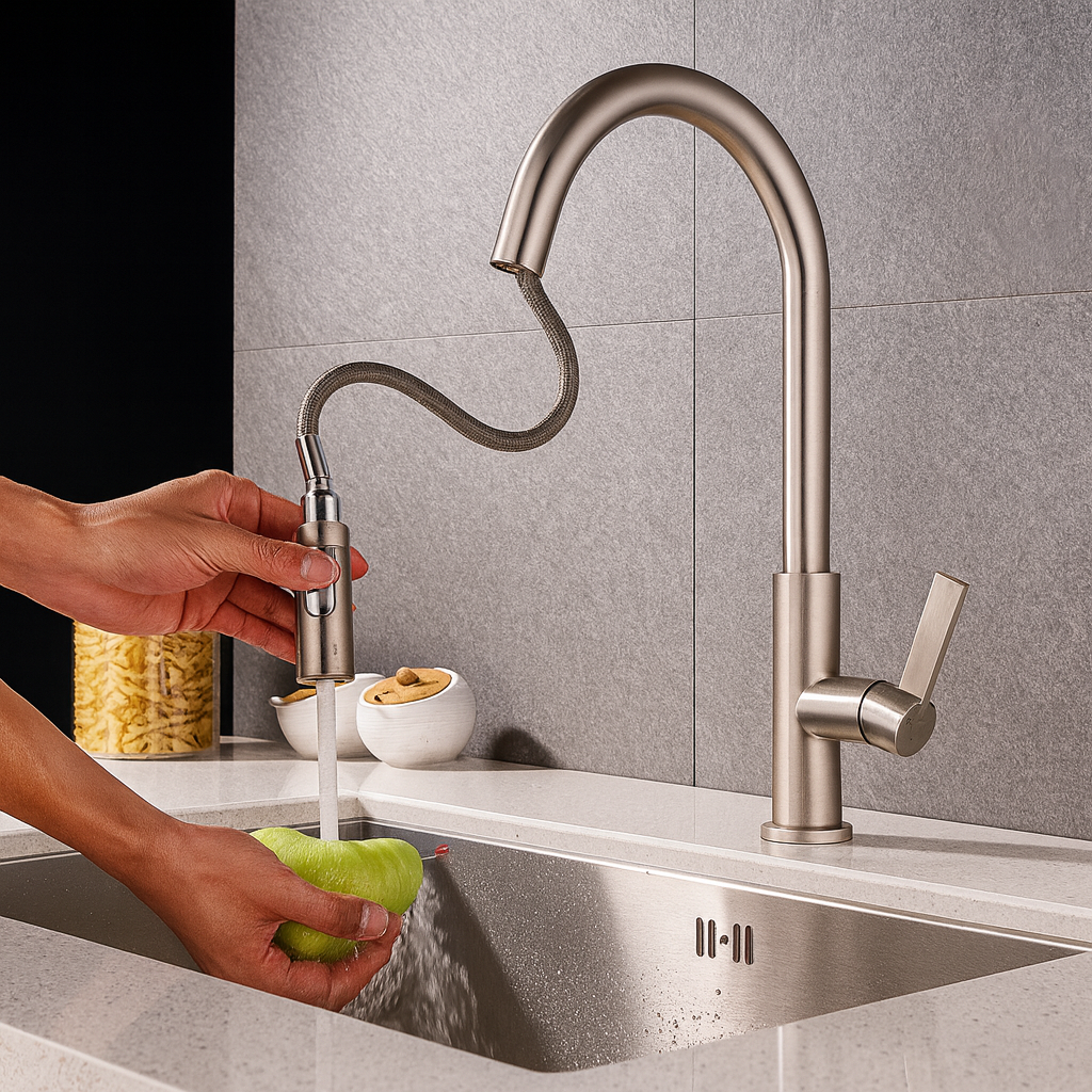 Pull-Out Kitchen Faucet – Single Handle, Brushed Nickel, 18” High-Arc NA-9276-BN