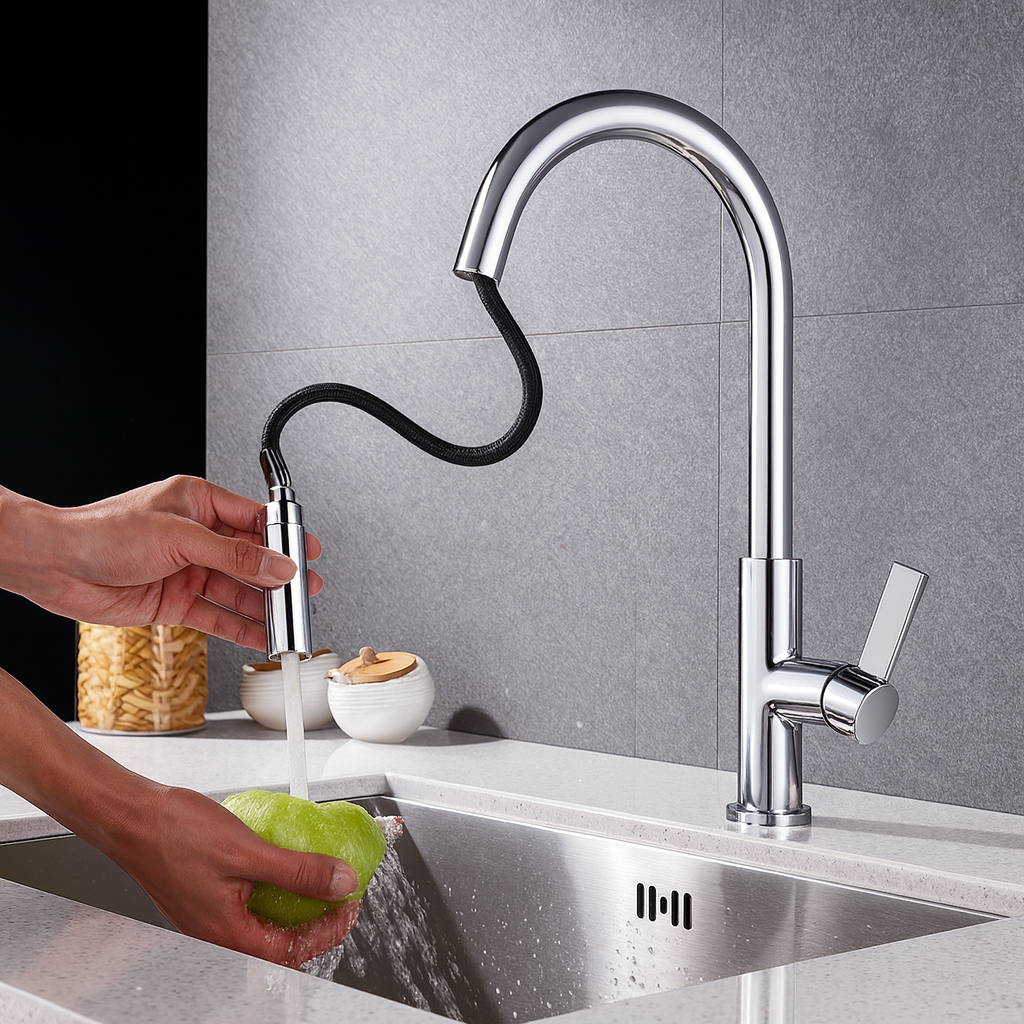 Pull-Out Kitchen Faucet – Single Handle, Chrome, 18” High-Arc NA-9276-C