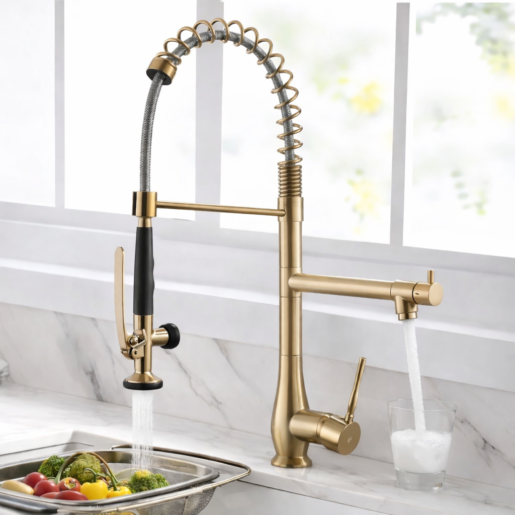 Luxury brushed gold chef-style pull-down kitchen faucet with spring coil design and dual spray function
