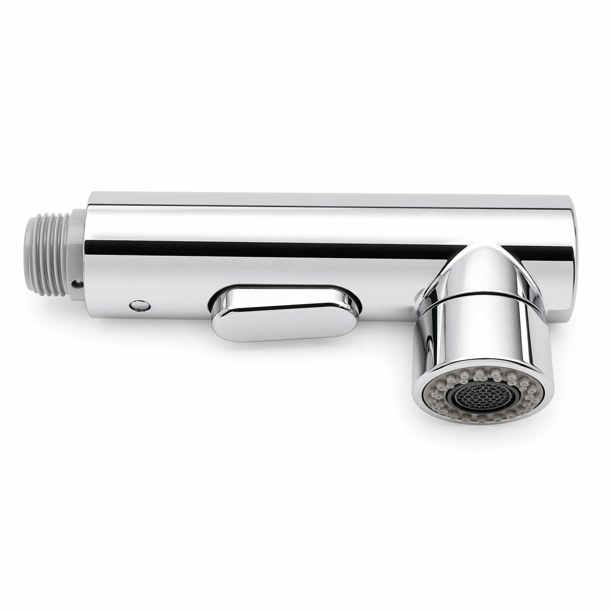 Chrome kitchen faucet on a white background