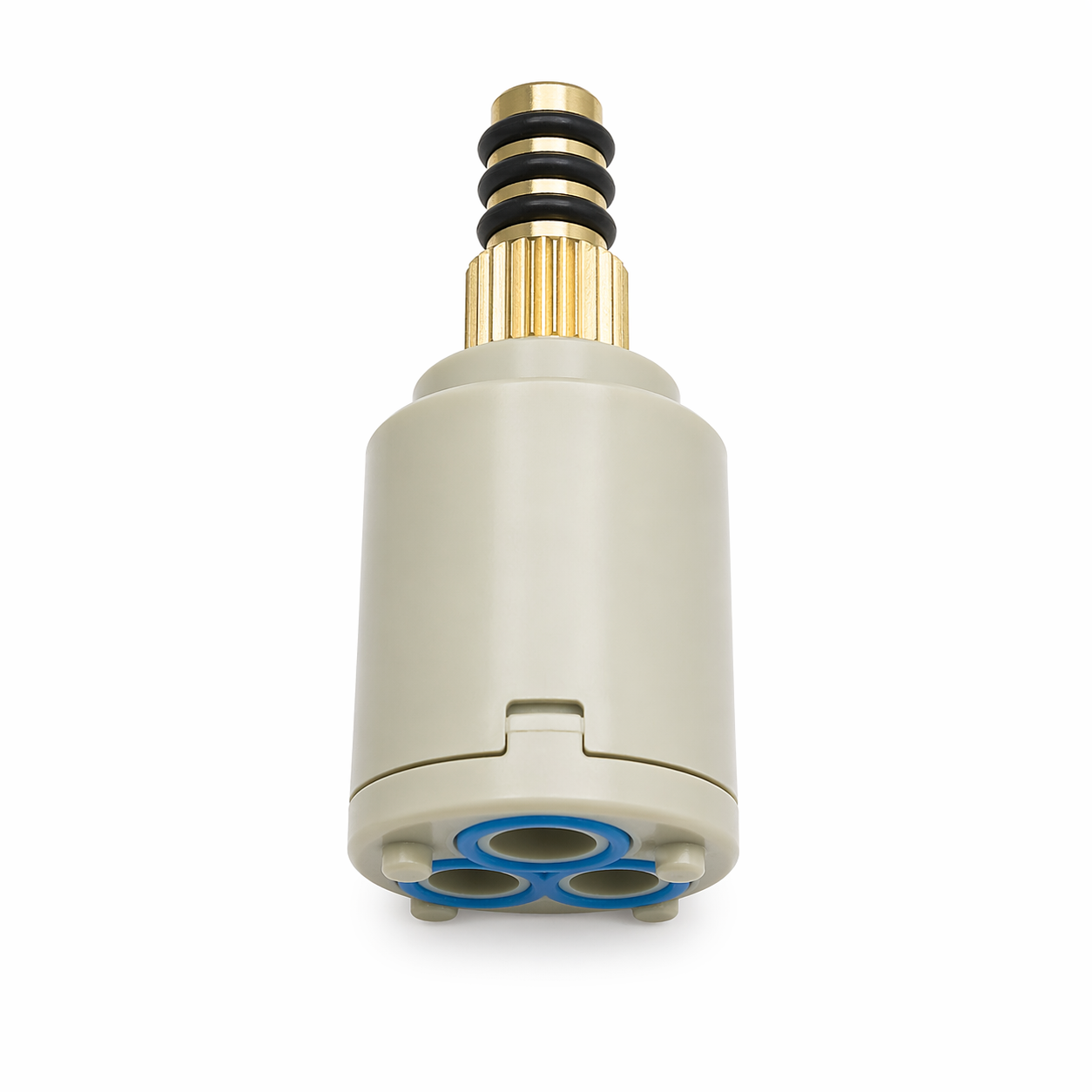 Plumbing valve with beige body and gold and black top on a white background