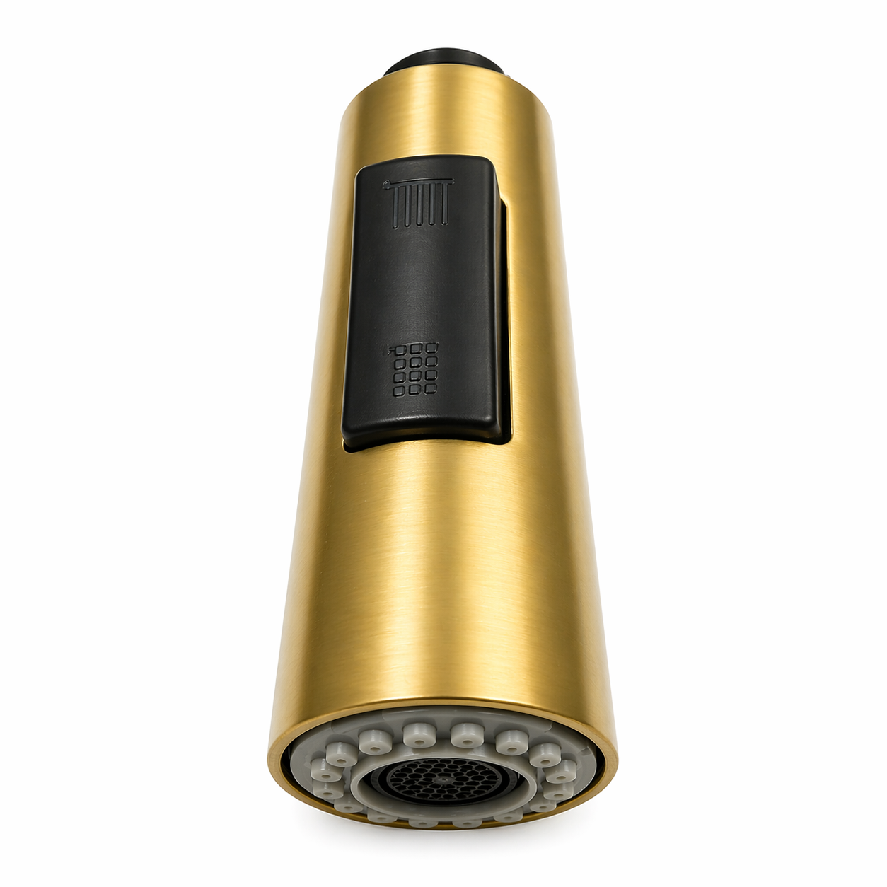 Gold kitchen faucet spray head on a white background