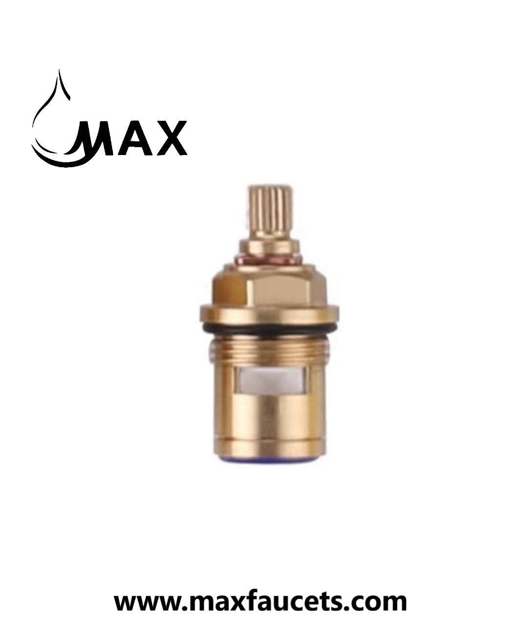 Brass faucet cartridge with MAX logo and website on a white background