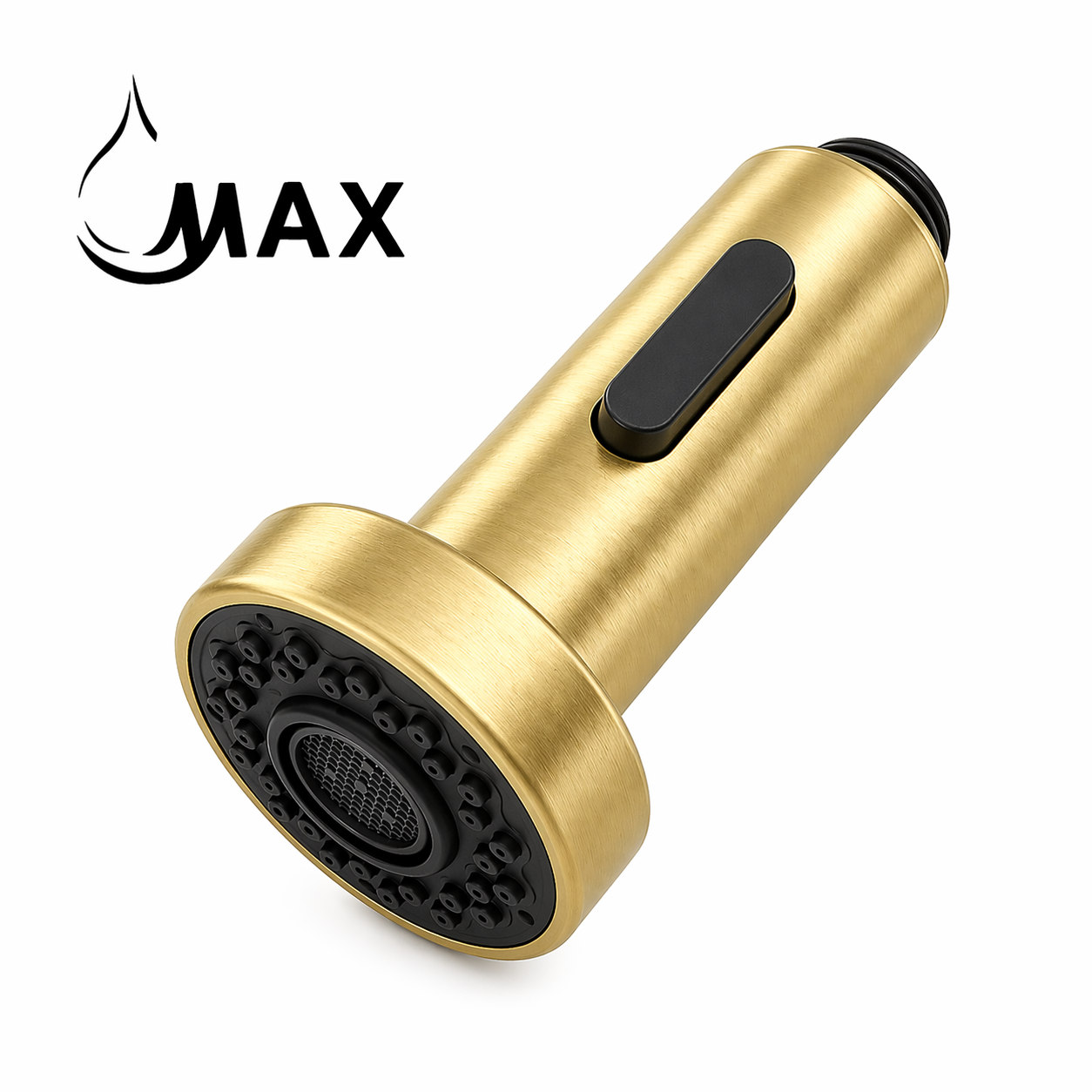 Gold kitchen faucet with black spray head on a white background, featuring the 'MAX' brand logo.