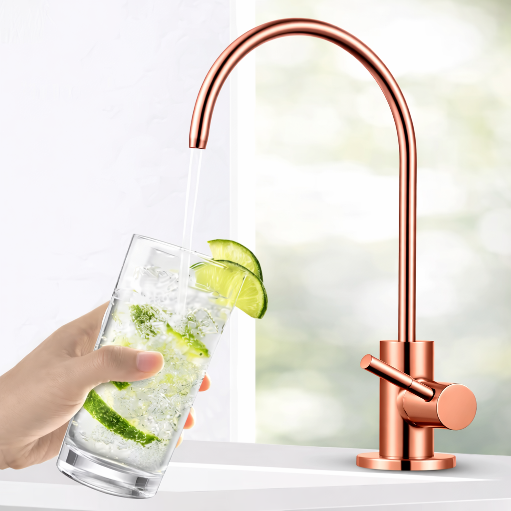 rose gold water filter faucet with rich metallic finish dispensing drinking water into glass