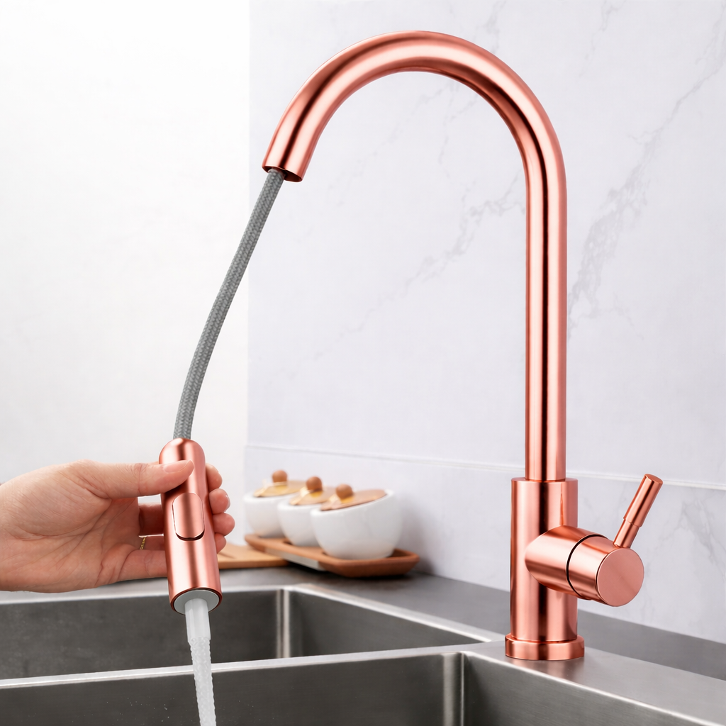 Rose gold kitchen faucet installed in modern kitchen