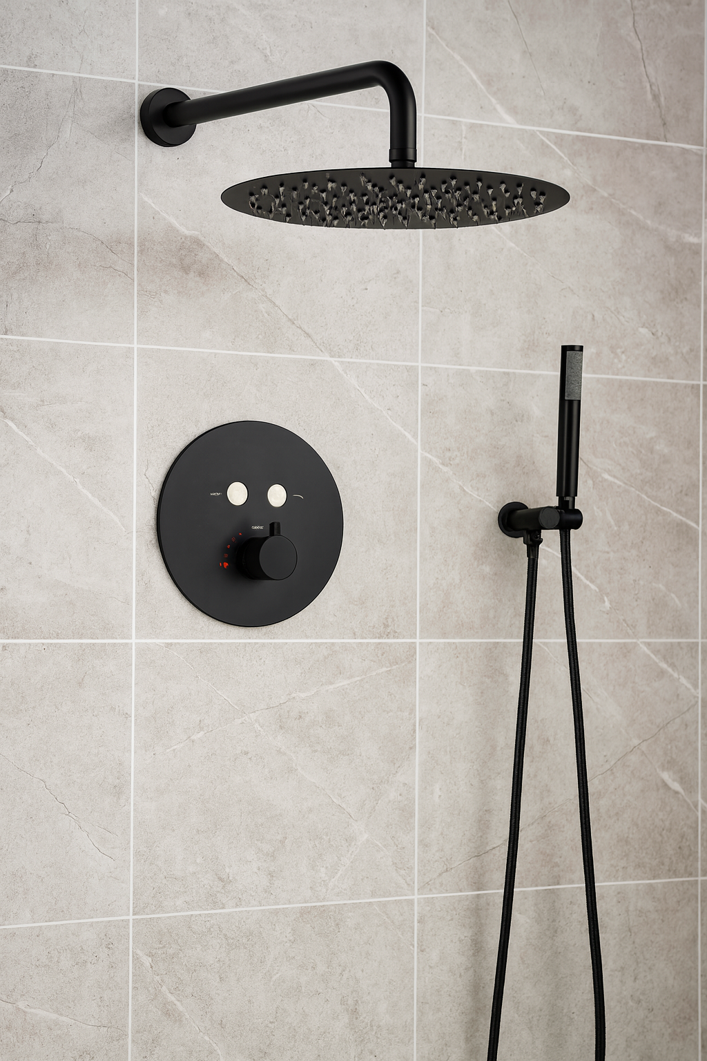 Round Push-Button Thermostatic Shower System – Two Functions – Matte Black Finish – 12" Round Shower Head YM-RW5122TH-MB