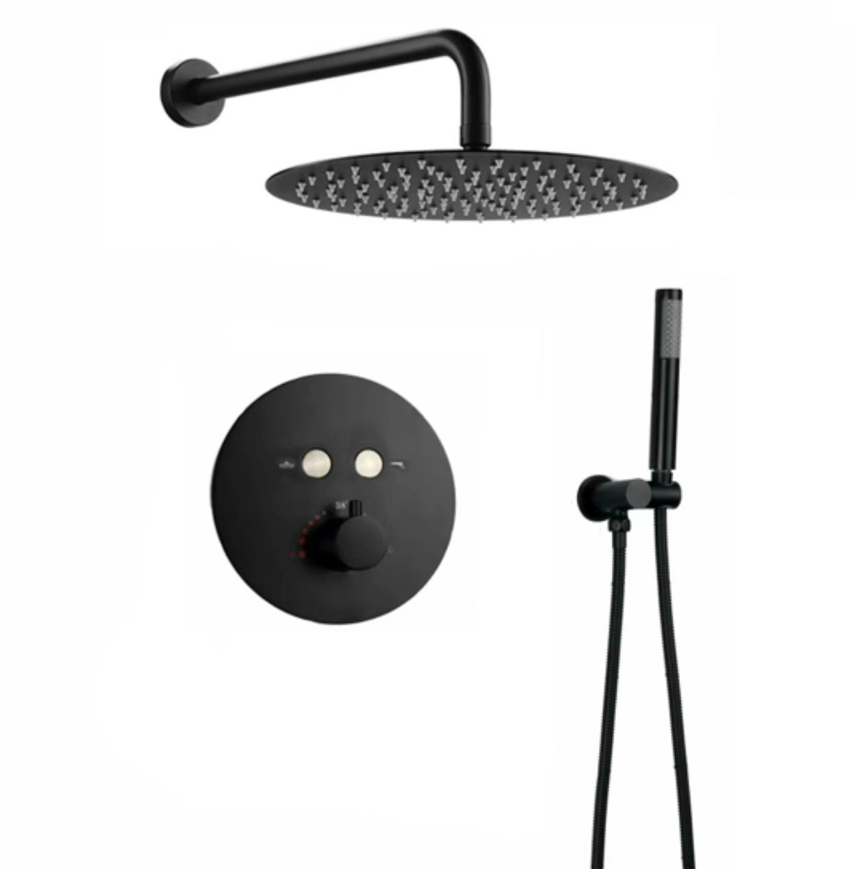 Round Push-Button Thermostatic Shower System – Two Functions – Matte Black Finish – 12" Round Shower Head YM-RW5122TH-MB
