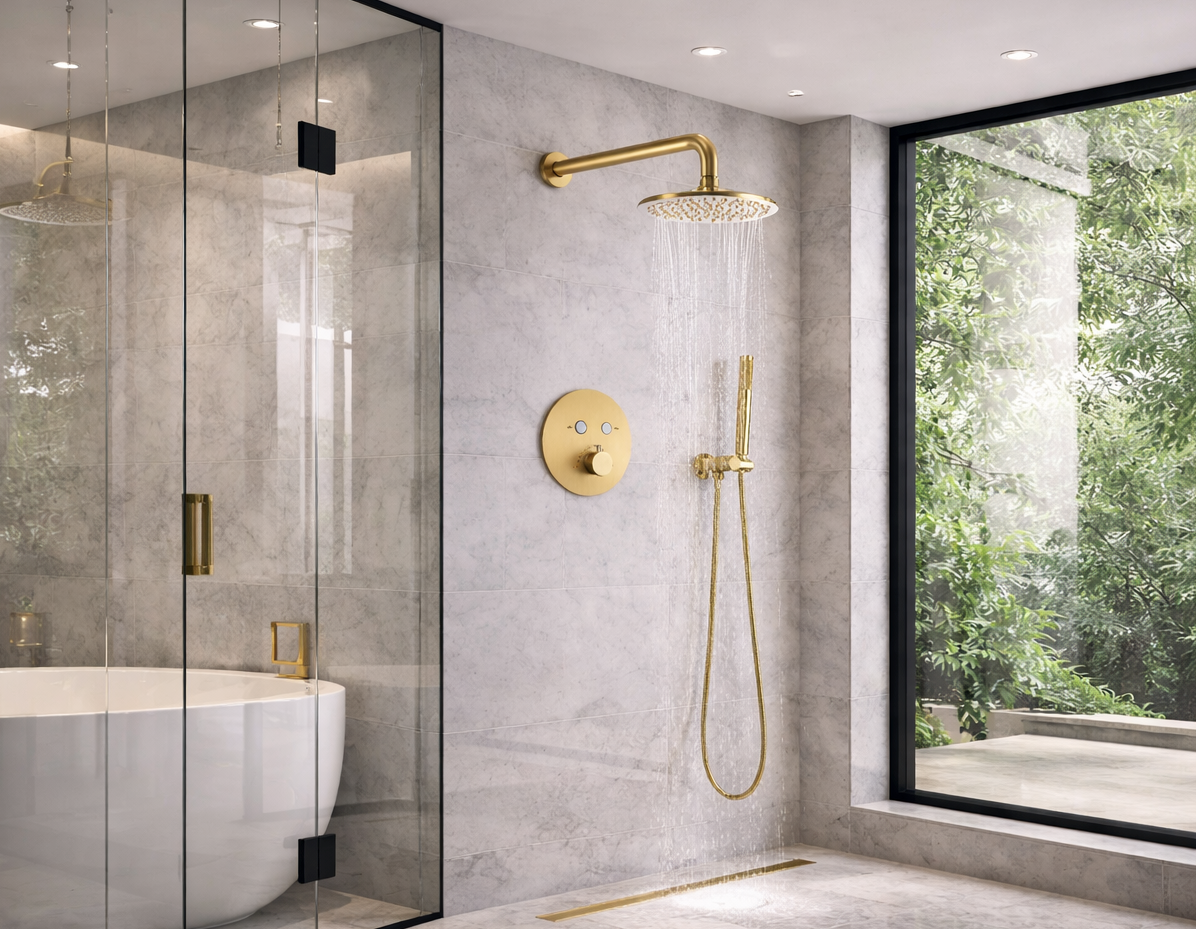 Round thermostatic shower system with rainfall shower head and handheld spray for precise temperature control