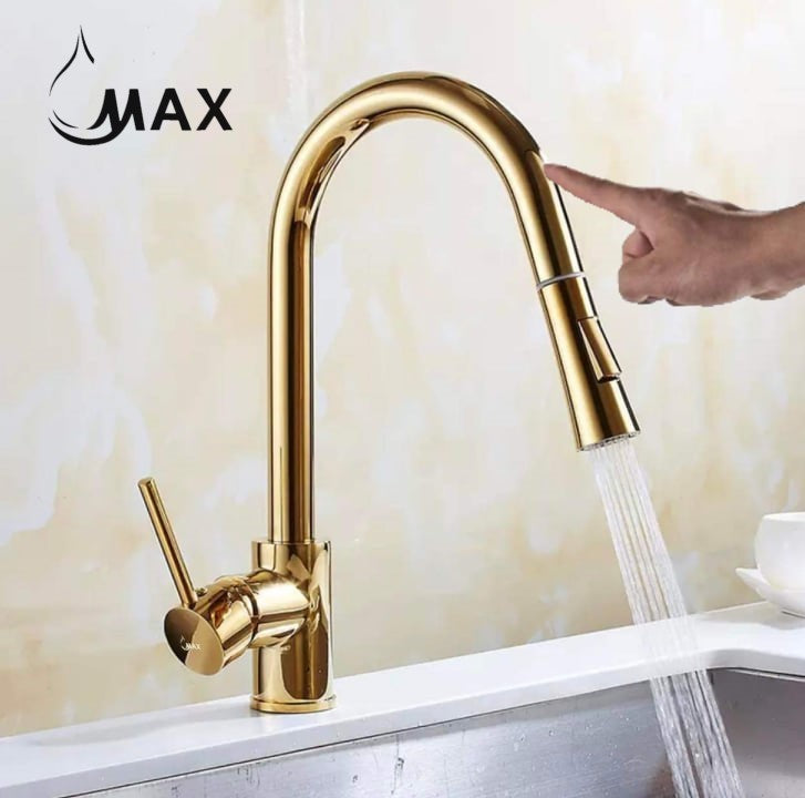 Smart Touch Kitchen Faucet Single Handle Pull-Out 16" With Soap Dispenser Shiny Gold Finish