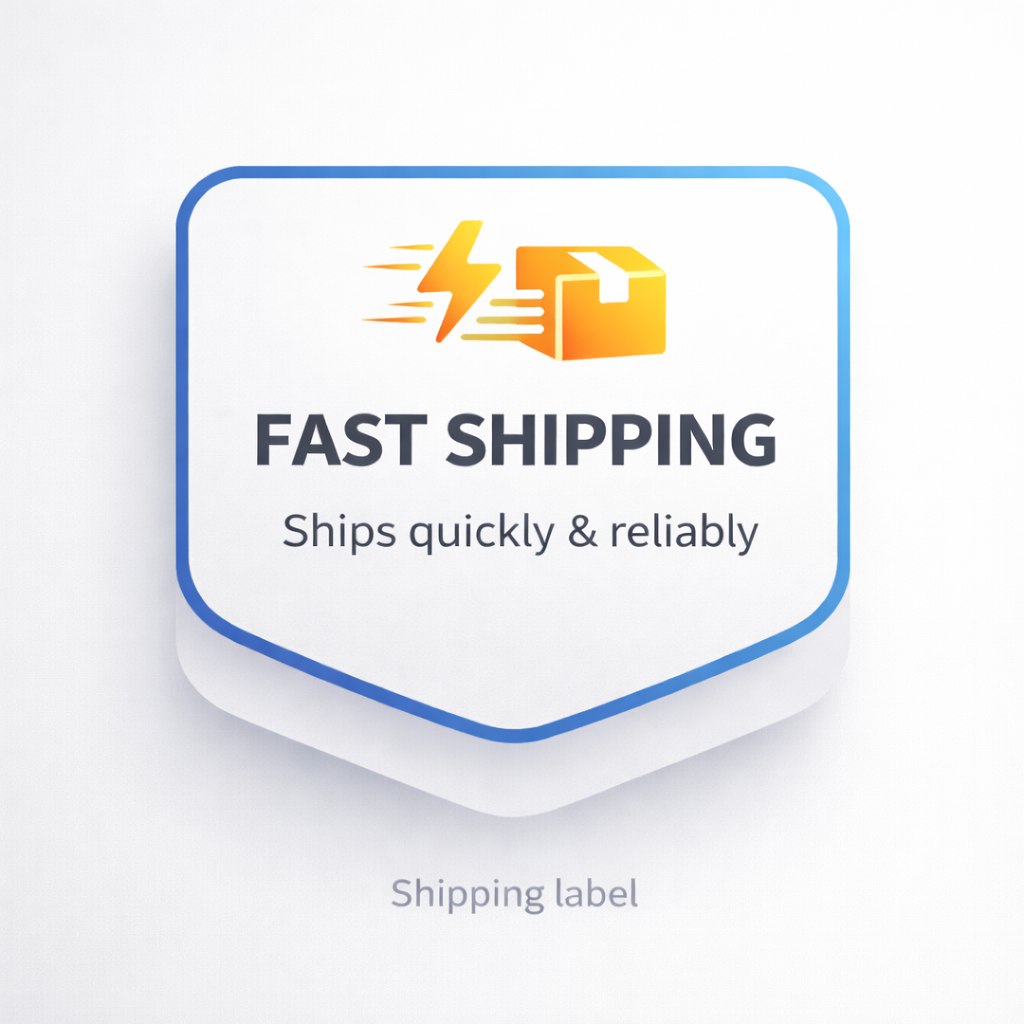 Fast shipping label with a box and lightning bolt icon on a white background
