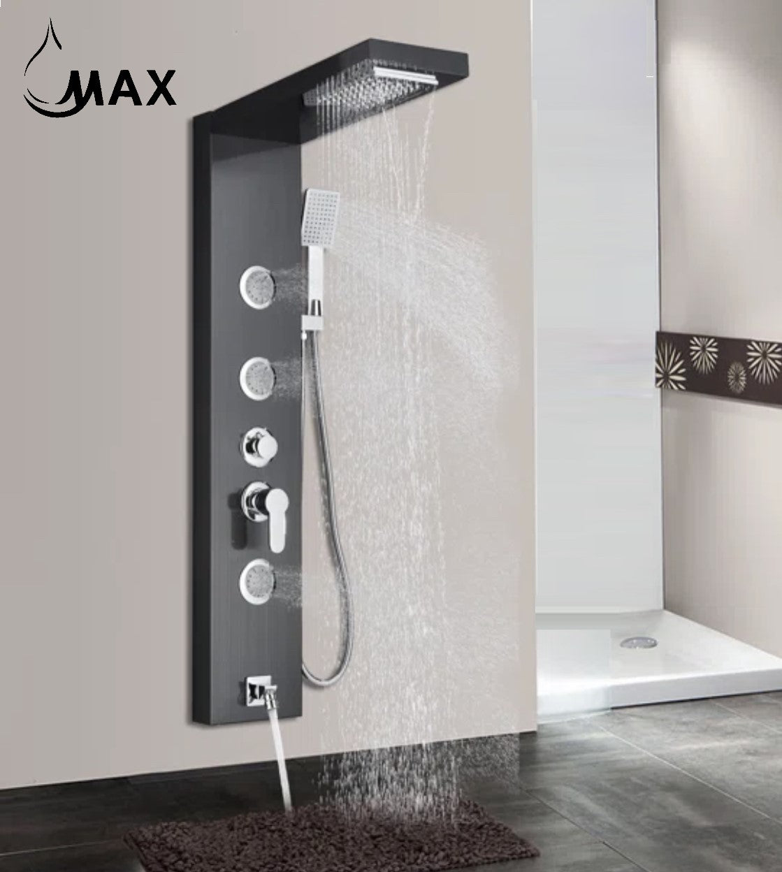 Rainfall Shower Panel System Five Functions with 3 Massage Jets and Handheld Black Finish