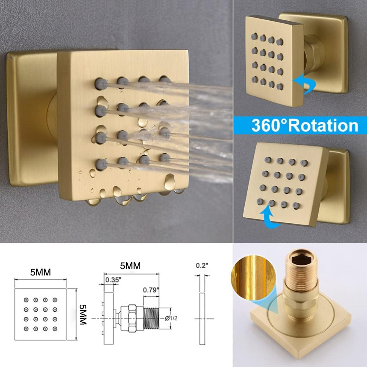 Shower Body Jets Solid Brass Brushed Gold Finish 
