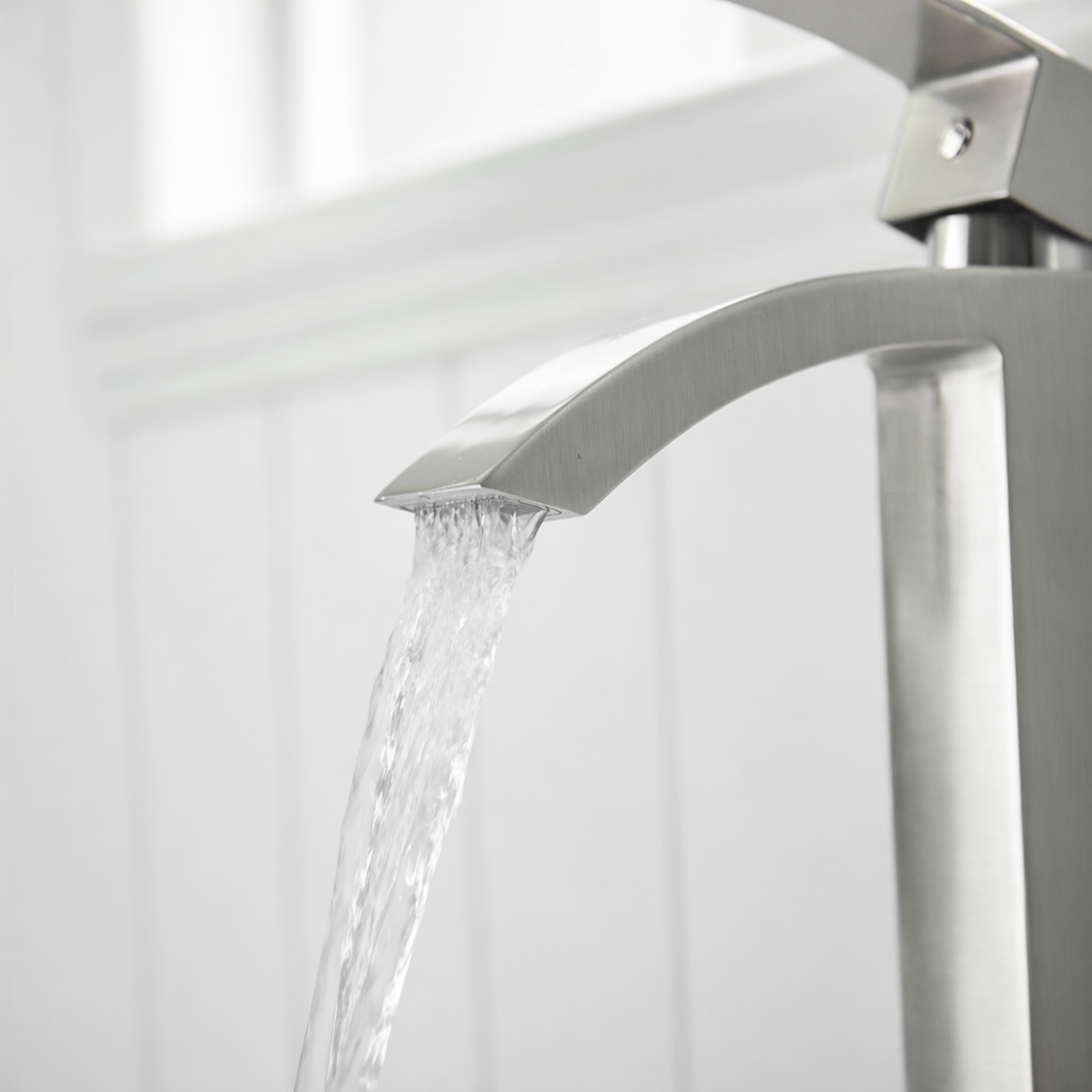 Waterfall water flow from MAX Faucets brushed nickel bathroom faucet
