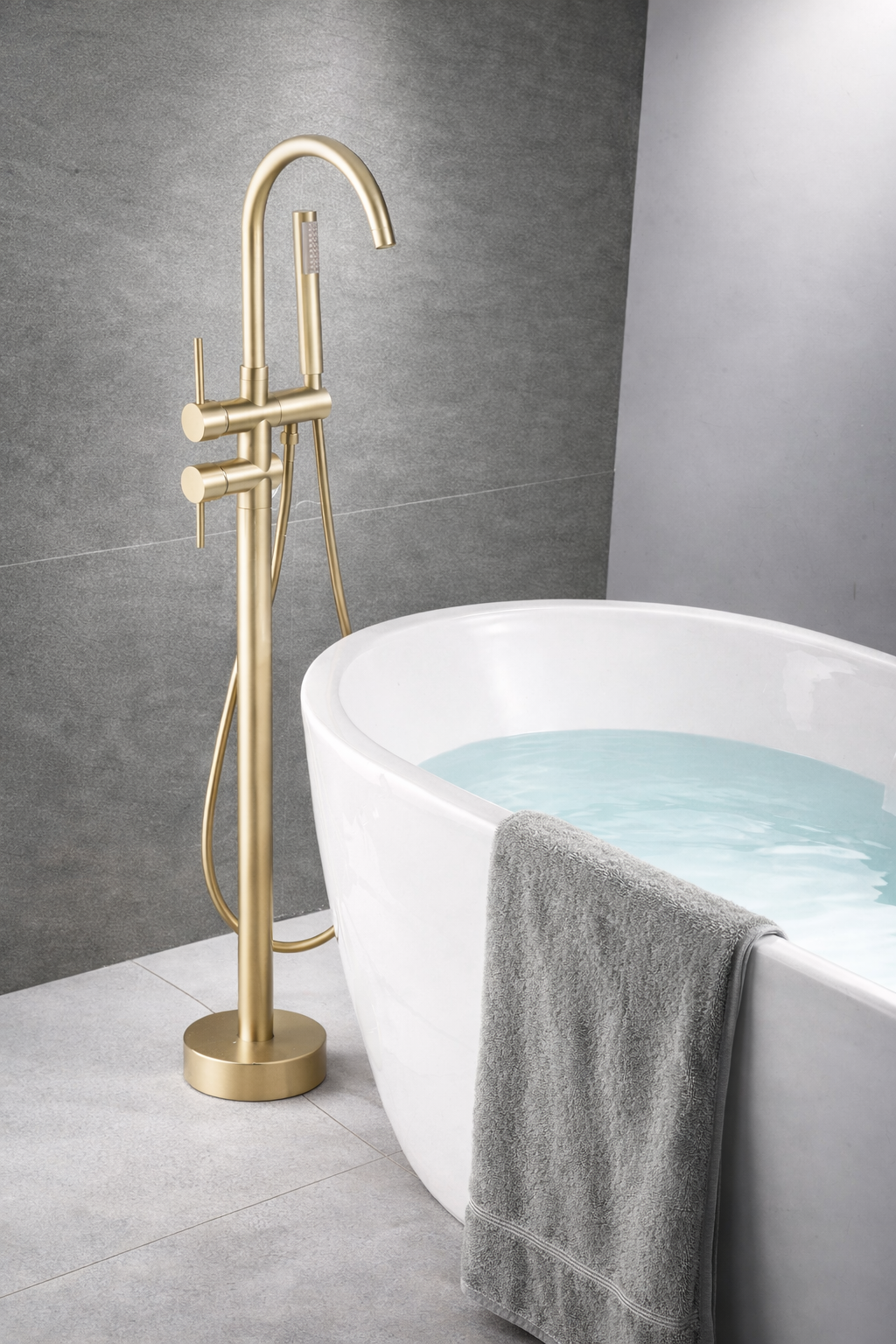 Single Handle Floor Mount High Arc Tub Filler With Rough-In And Handheld In Brushed Gold Finish