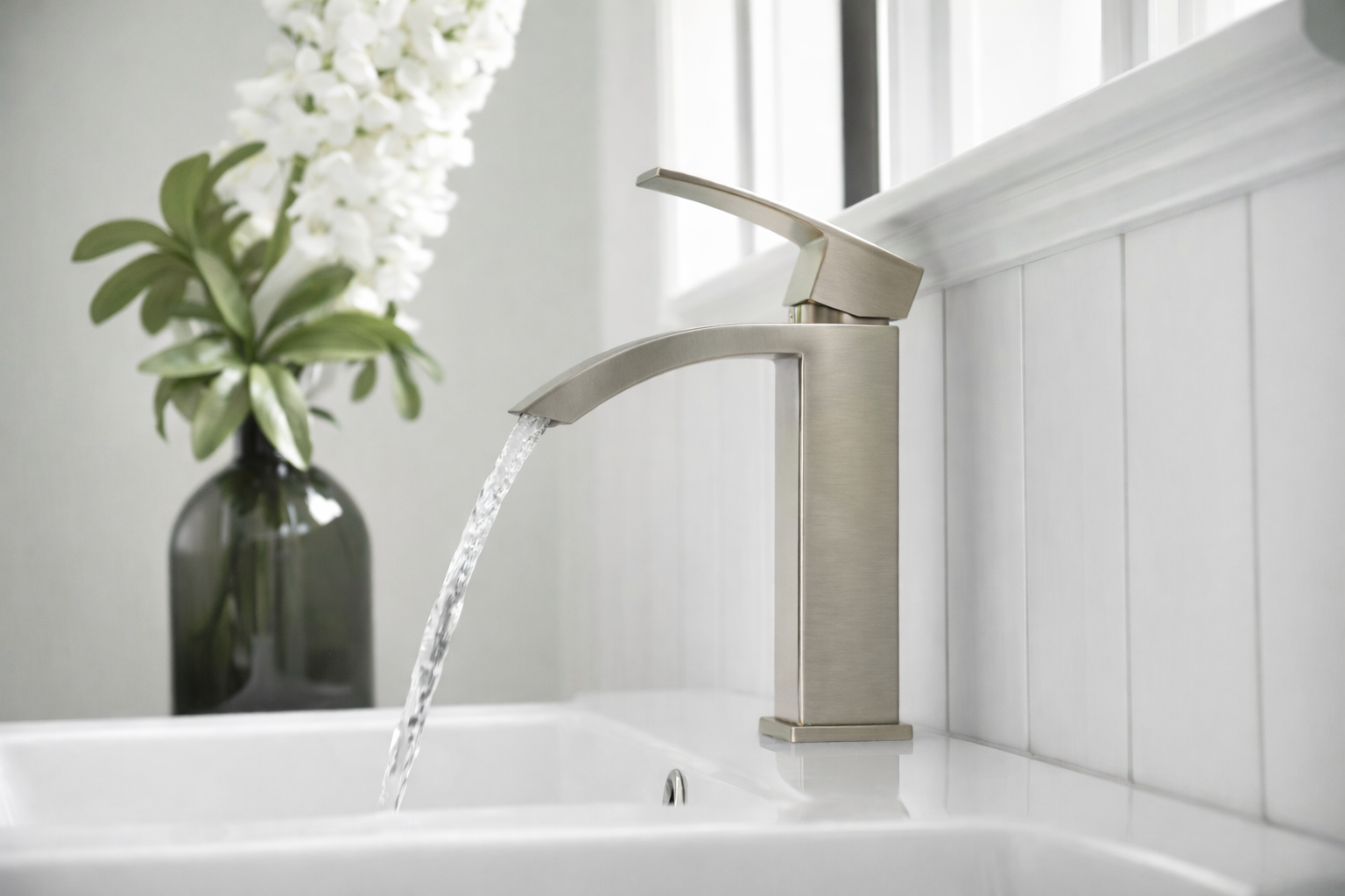 MAX Faucets Single Handle Waterfall Bathroom Faucet – Brushed Nickel 