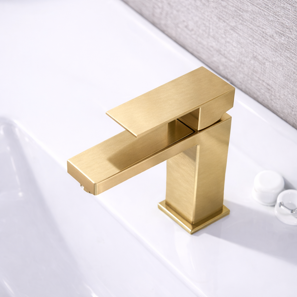Single Hole Bathroom Faucet – Elegance Square Design, Brushed Gold Finish, Modern 6.5"