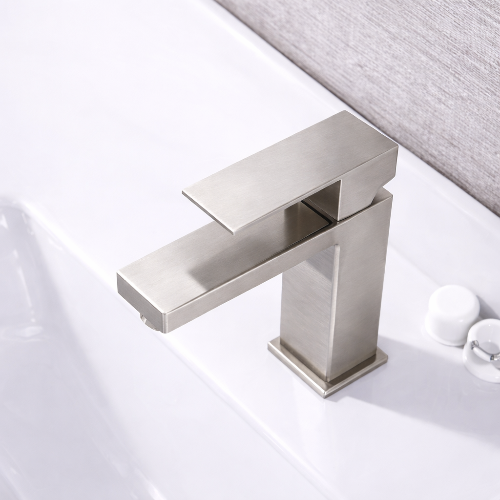 Single Hole Bathroom Faucet Elegance Square Design Brushed Nickel Finish 6.5"