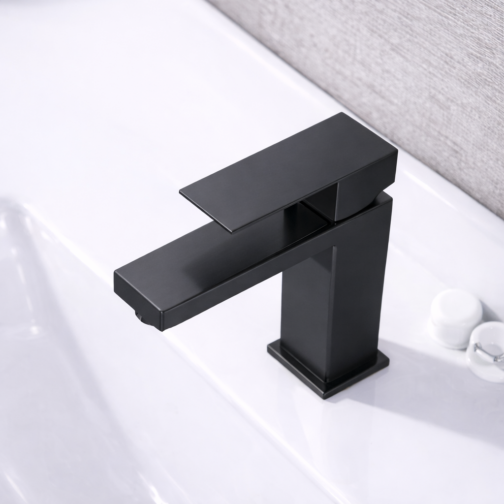 Single Hole Bathroom Faucet – Elegance Square Design, Matte Black Finish, Modern 6.5"
