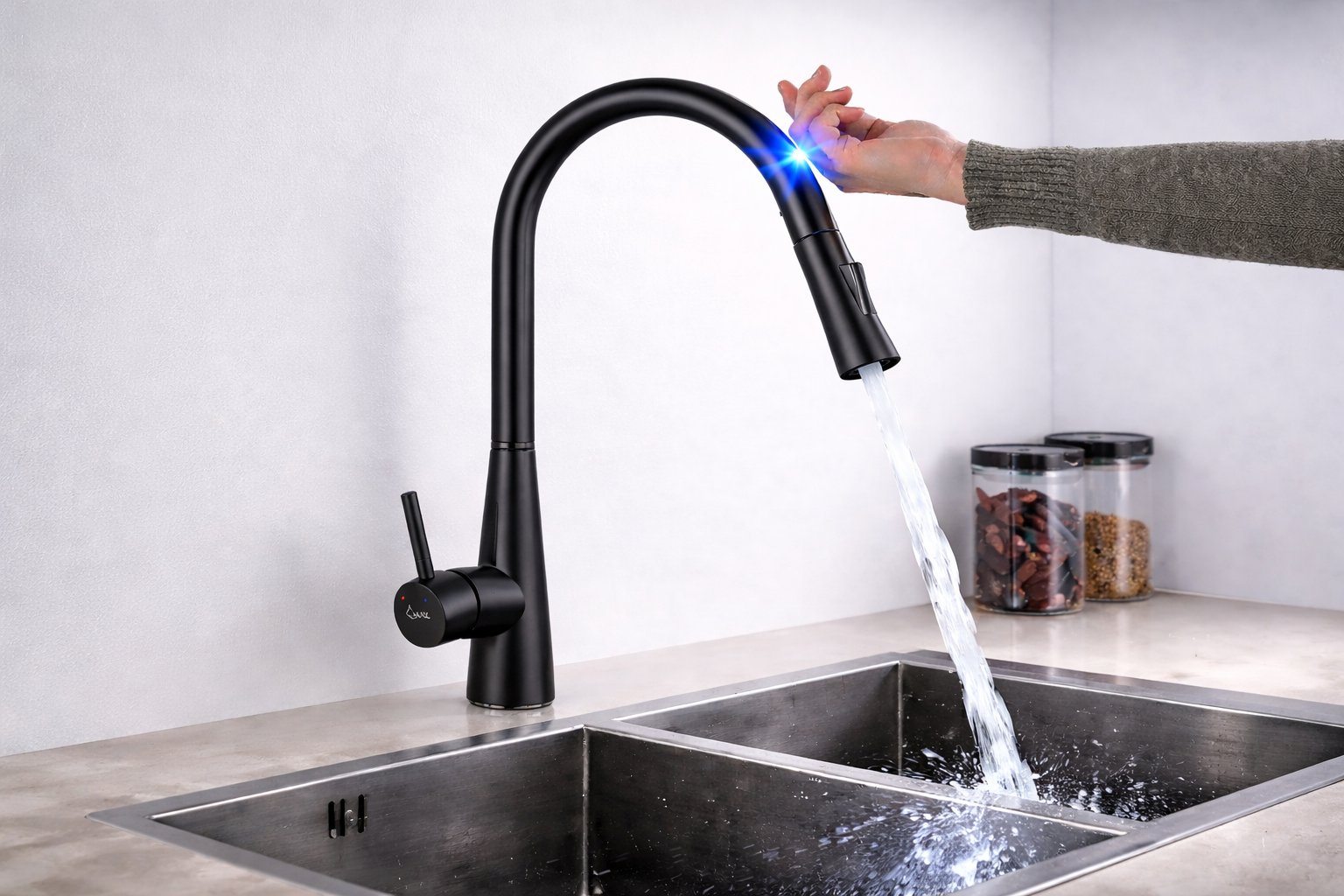 Luxury matte black smart kitchen faucet with touchless sensor and pull-down spray, modern stainless steel sink design
