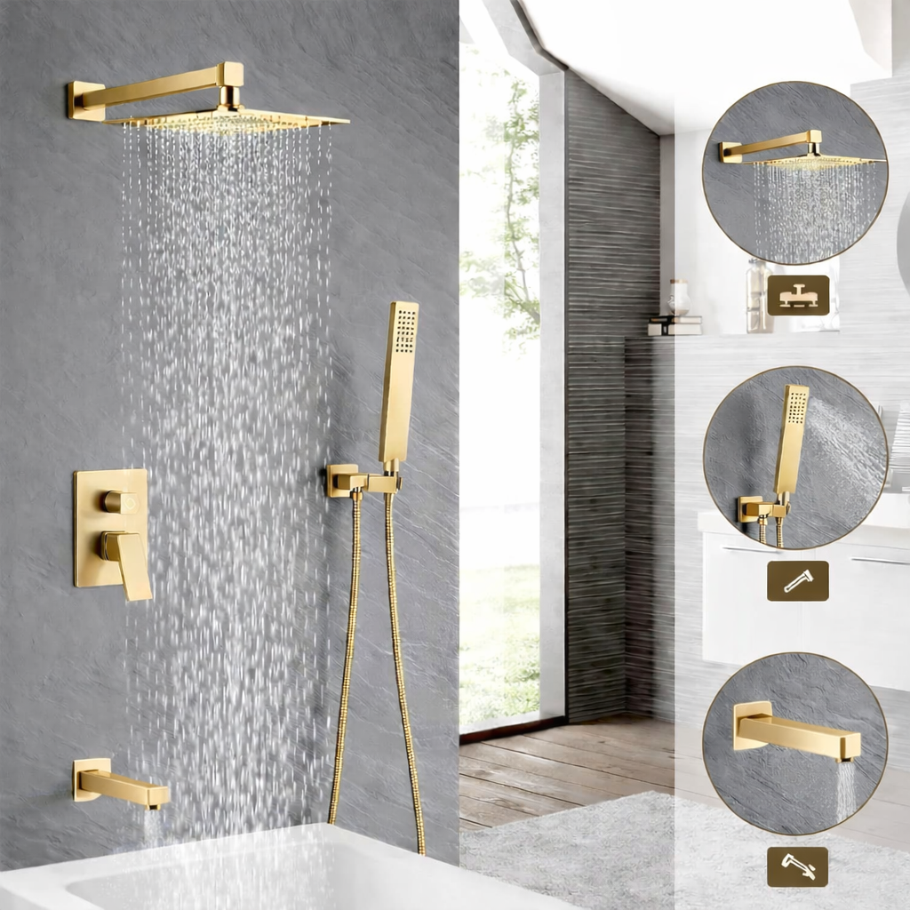 Square Tub Shower System Three Functions With Pressure-Balance Valve Brushed Gold Finish YM-MW6335-BG