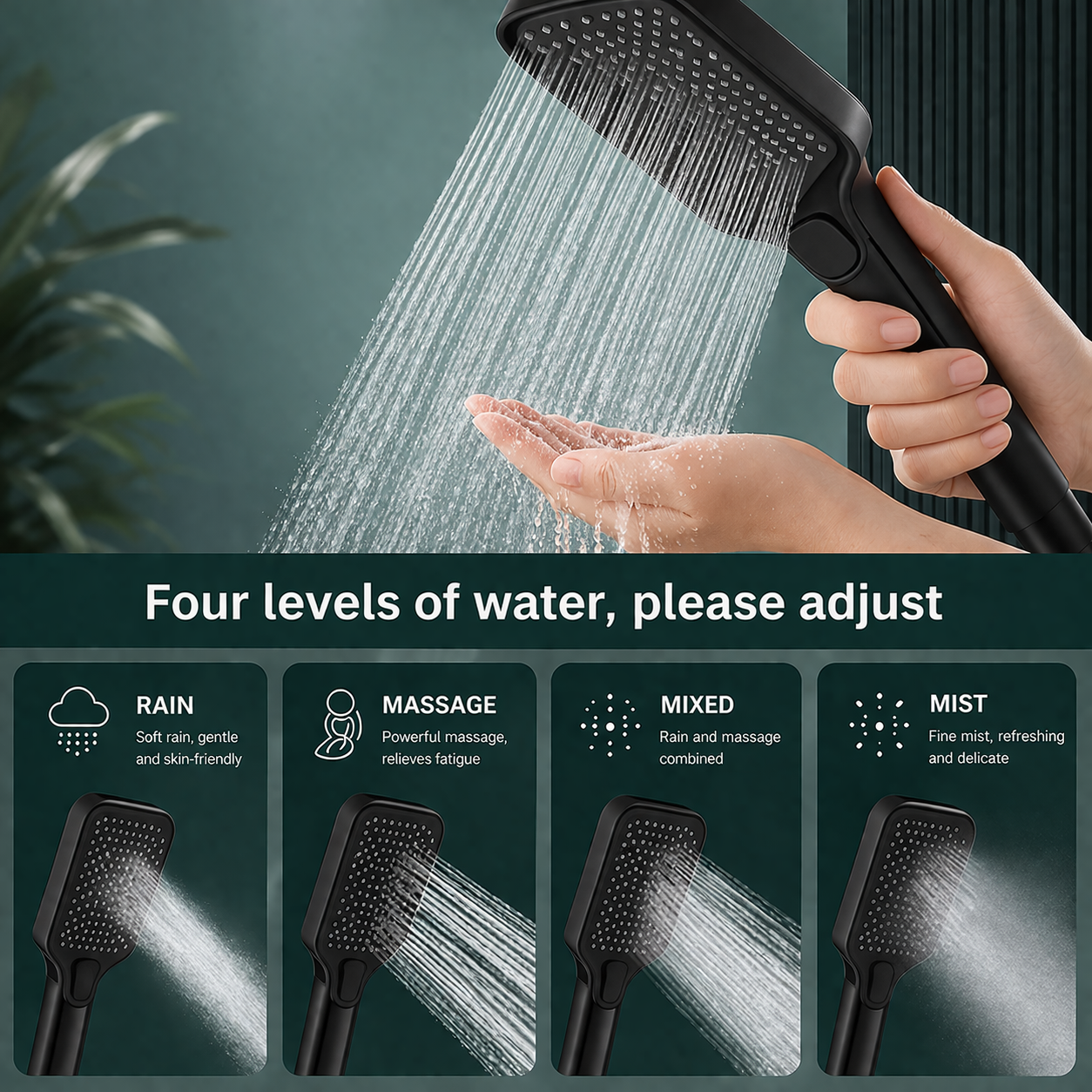 Matte black square handheld shower massage spray