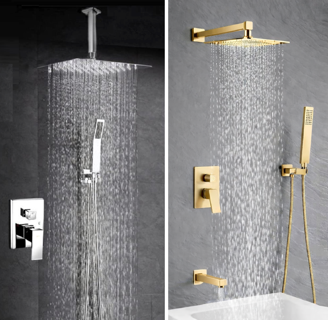 Standard shower system set with rainfall shower head and handheld spray for modern bathroom use