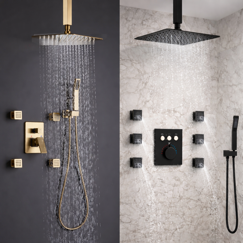 Shower system with body jets, rainfall shower head and handheld spray for full body spa experience