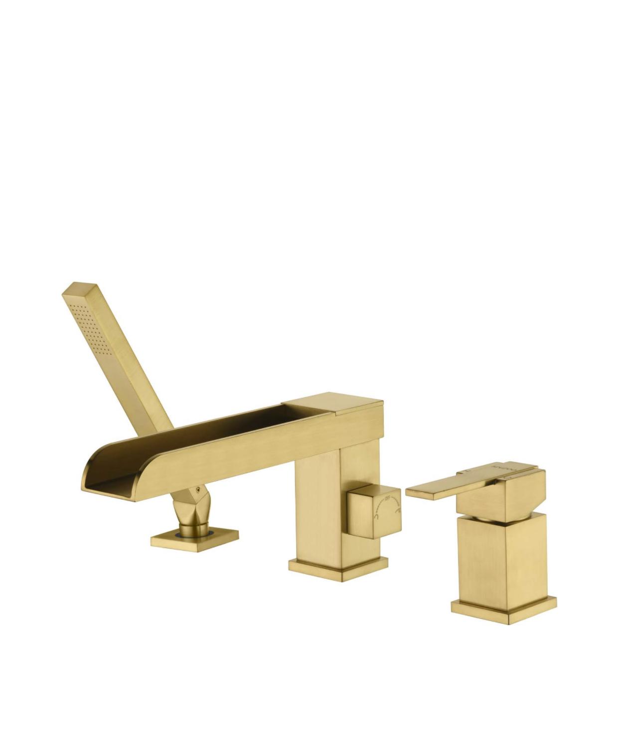 Roman Tub-Filler With Handshower Single Handle Waterfall Spout Deck Mounted Brushed Gold