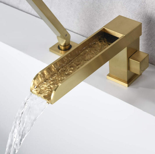 Roman Tub-Filler With Handshower Single Handle Waterfall Spout Deck Mounted Brushed Gold