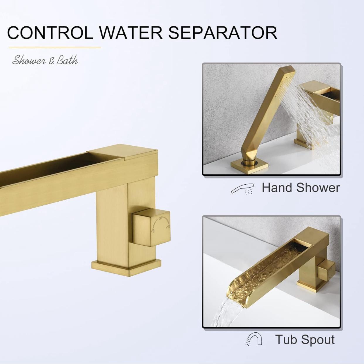 Roman Tub-Filler With Handshower Single Handle Waterfall Spout Deck Mounted Brushed Gold