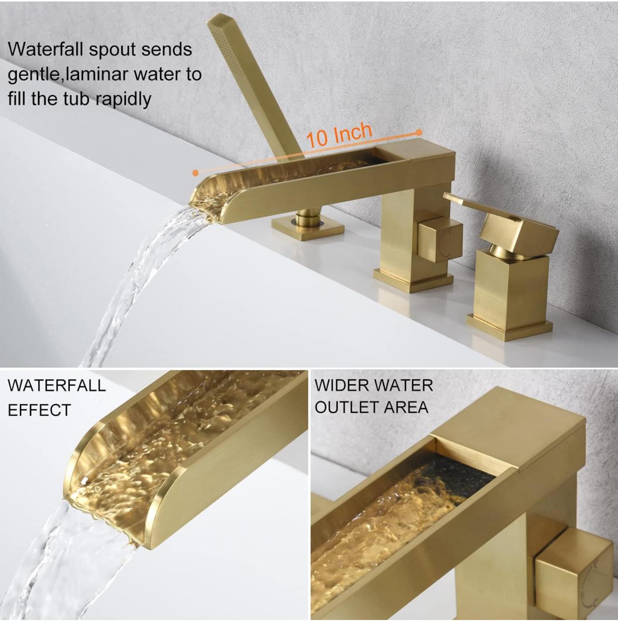 Roman Tub-Filler With Handshower Single Handle Waterfall Spout Deck Mounted Brushed Gold