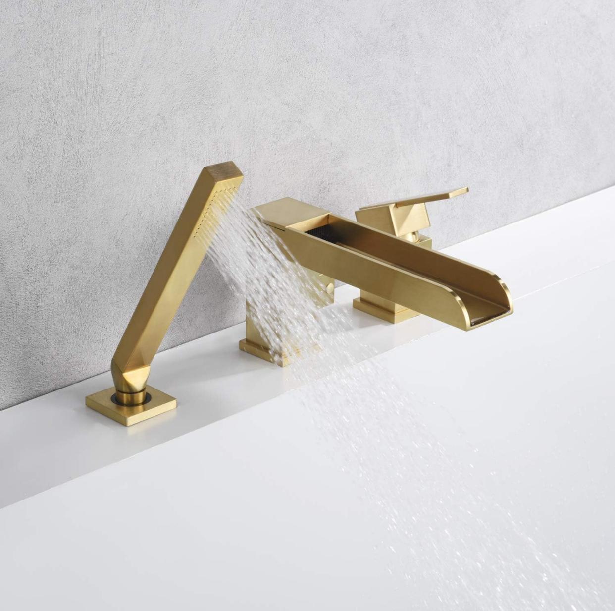 Roman Tub-Filler With Handshower Single Handle Waterfall Spout Deck Mounted Brushed Gold