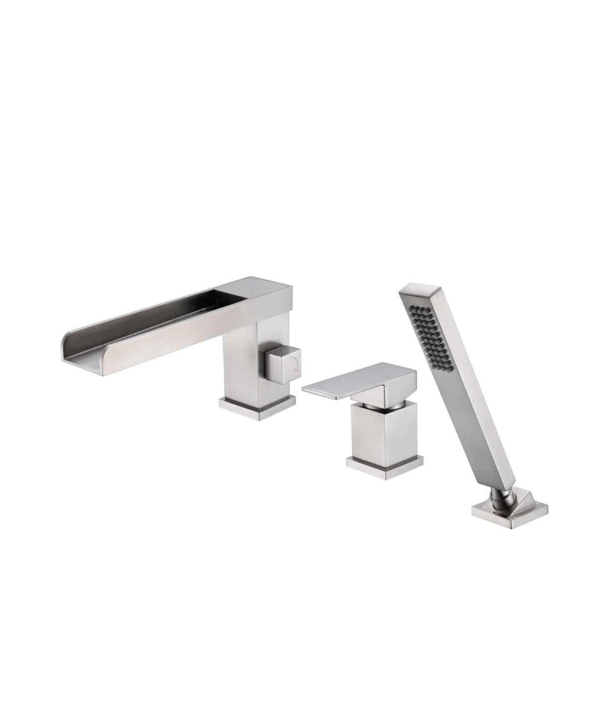 Roman Tub-Filler With Handshower Single Handle Waterfall Spout Deck Mounted Brushed Nickel