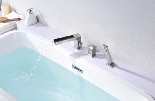 Roman Tub-Filler With Handshower Single Handle Waterfall Spout Deck Mounted Brushed Nickel