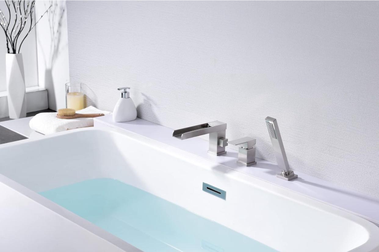 Roman Tub-Filler With Handshower Single Handle Waterfall Spout Deck Mounted Brushed Nickel