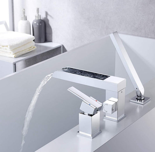 Roman Tub-Filler With Handshower Single Handle Waterfall Spout Deck Mounted Chrome Finish