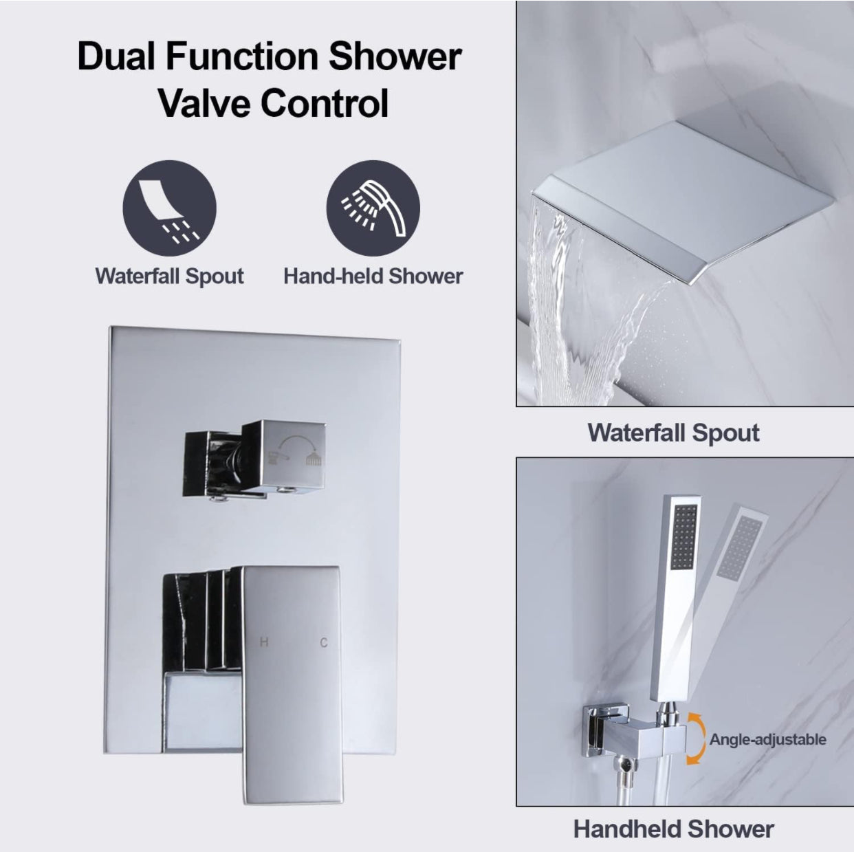 MAX Faucets | Roman Tub Waterfall Spout – Wall-Mounted, Single Handle with Movable Handheld Sprayer – Chrome Finish