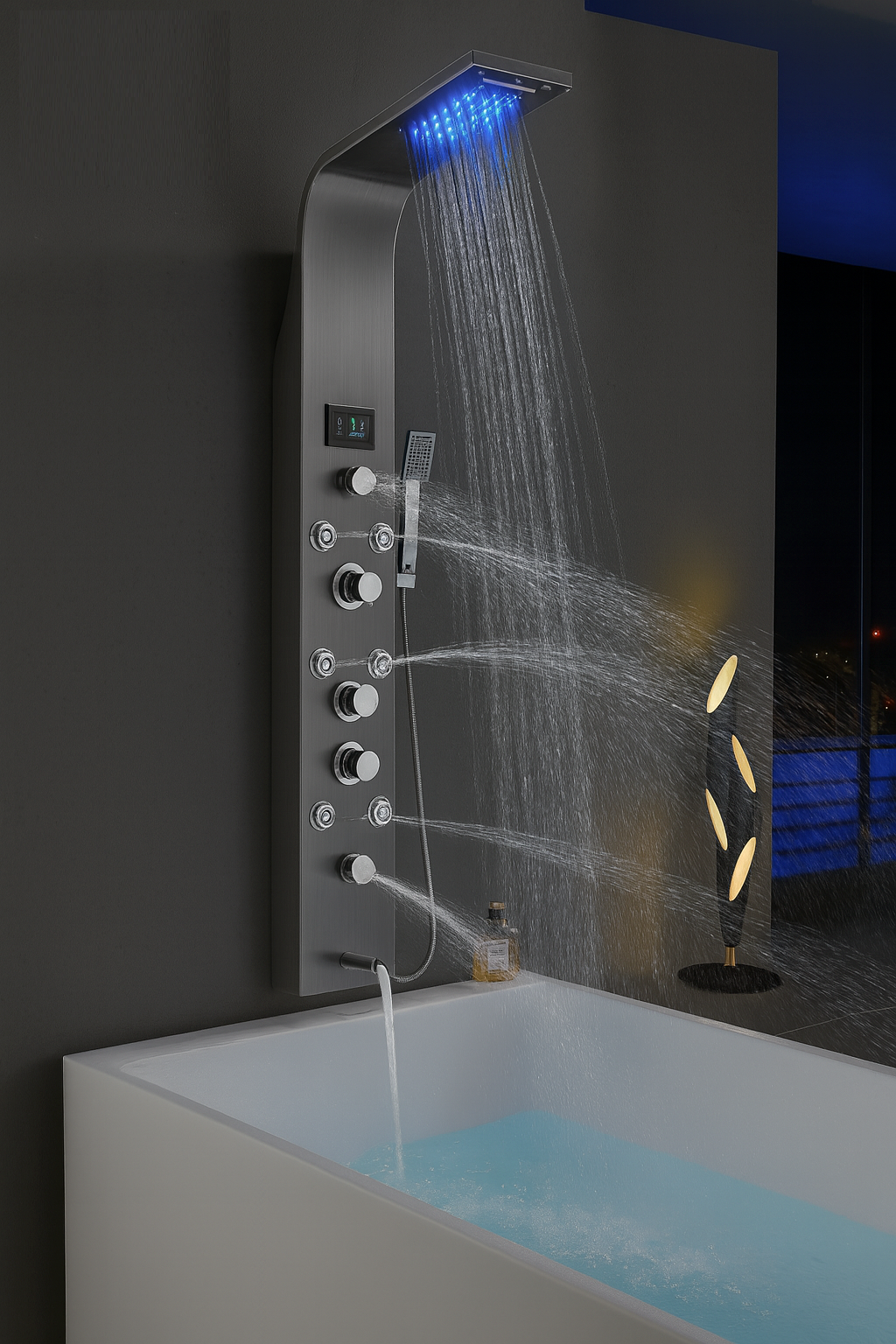 MAX Faucets Thermostatic Rainfall Shower Panel System – 6 Functions with 8 Massage Jets, Handheld Shower & Digital Display | Black Finish BM-SP12611-B