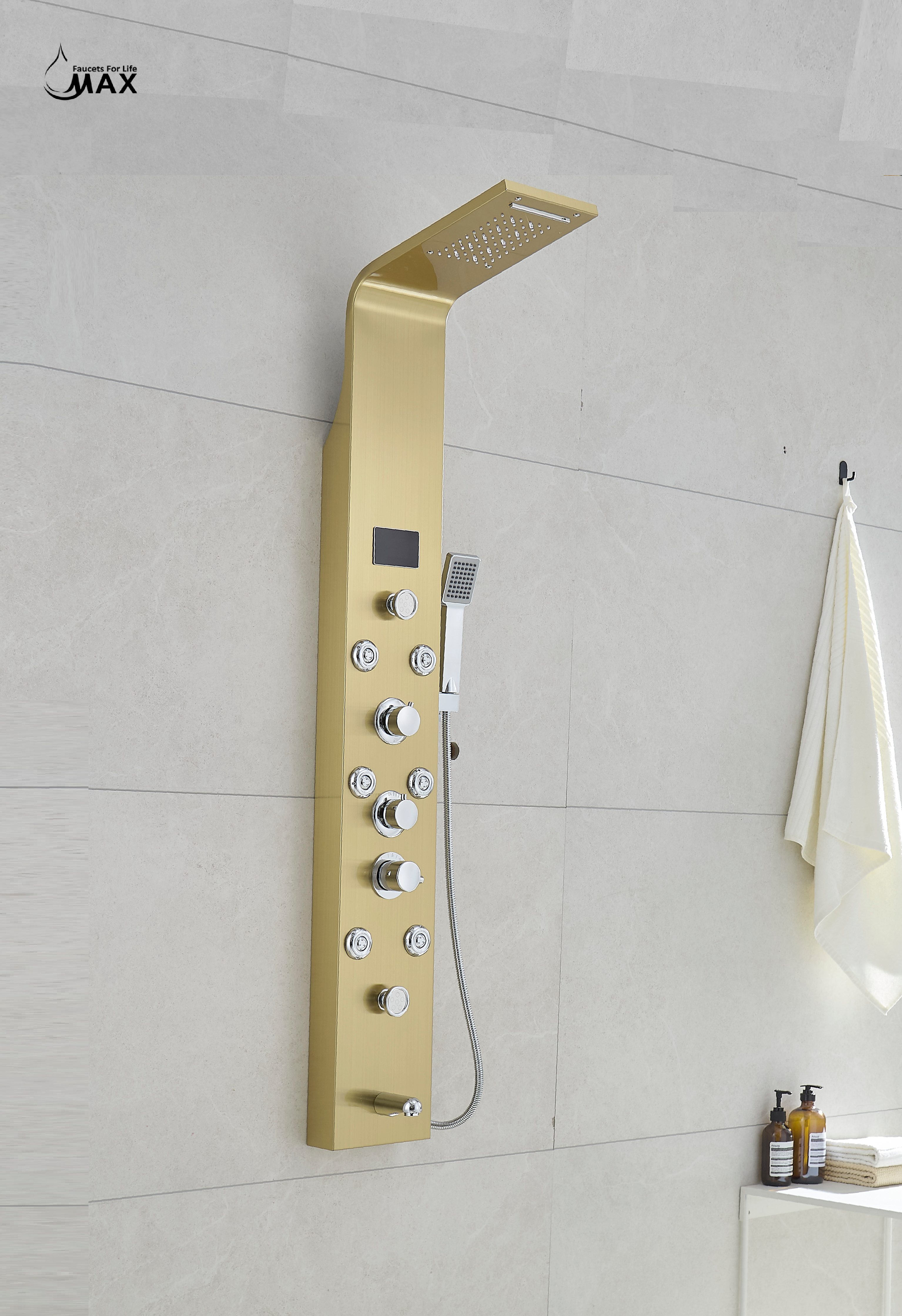 Thermostatic Rainfall Shower Panel System – 6 Functions with 8 Massage Jets, Handheld Shower & Digital Display | Brushed Gold Finish BM-SP12611-BG