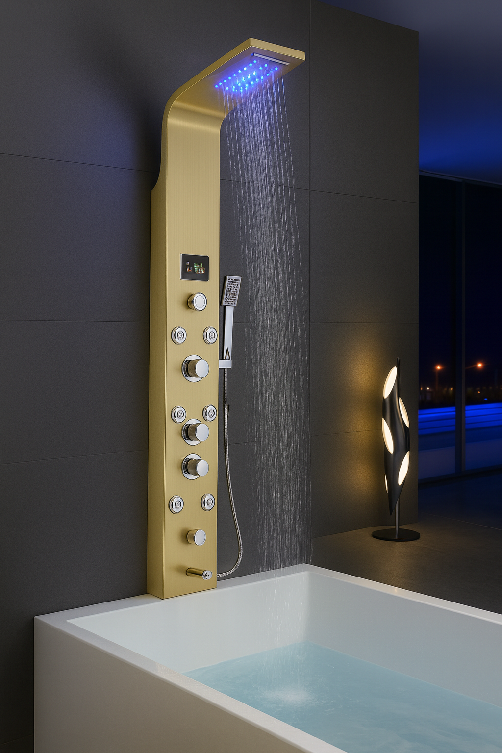 Thermostatic Rainfall Shower Panel System – 6 Functions with 8 Massage Jets, Handheld Shower & Digital Display | Brushed Gold Finish BM-SP12611-BG