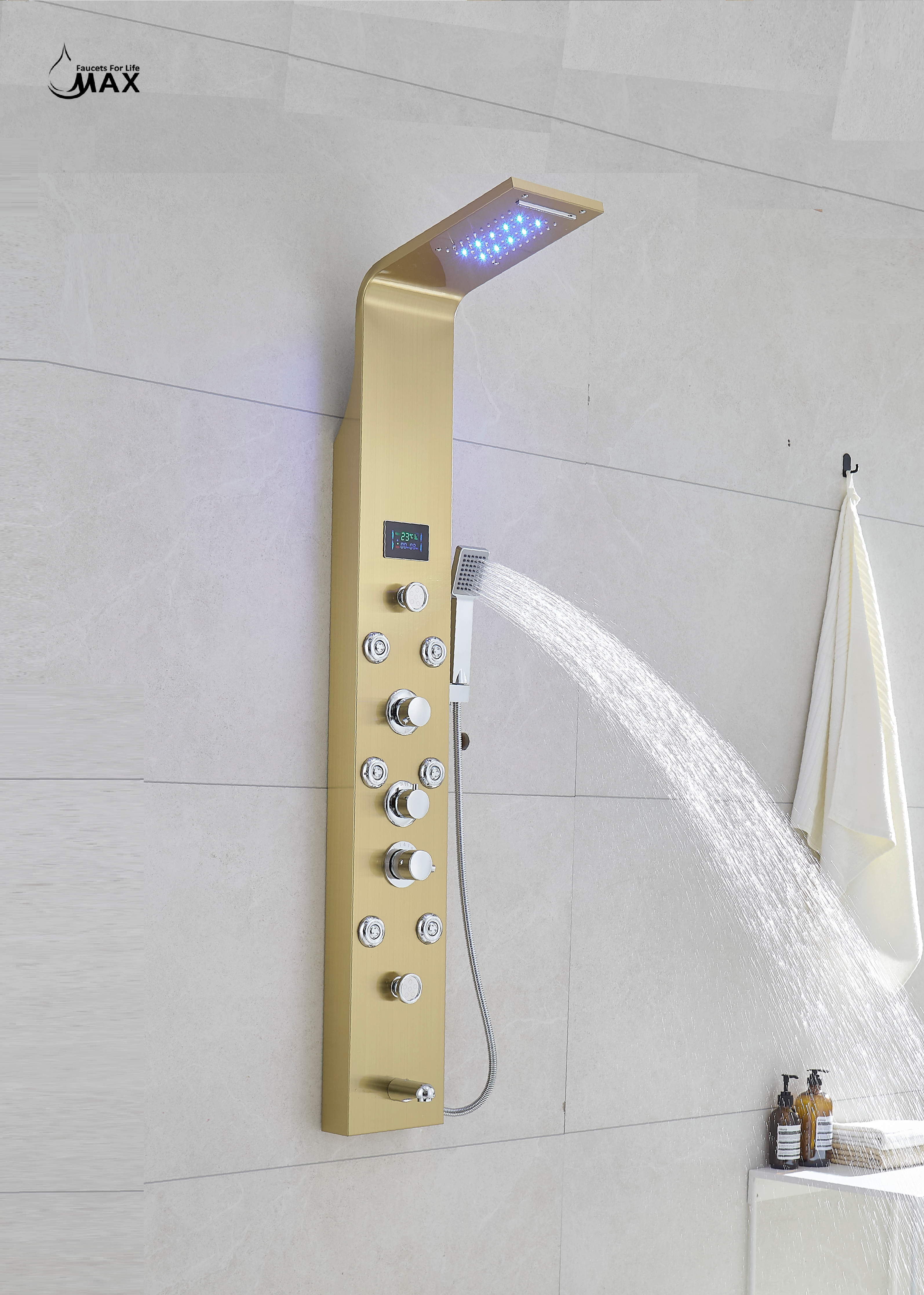 Thermostatic Rainfall Shower Panel System – 6 Functions with 8 Massage Jets, Handheld Shower & Digital Display | Brushed Gold Finish BM-SP12611-BG