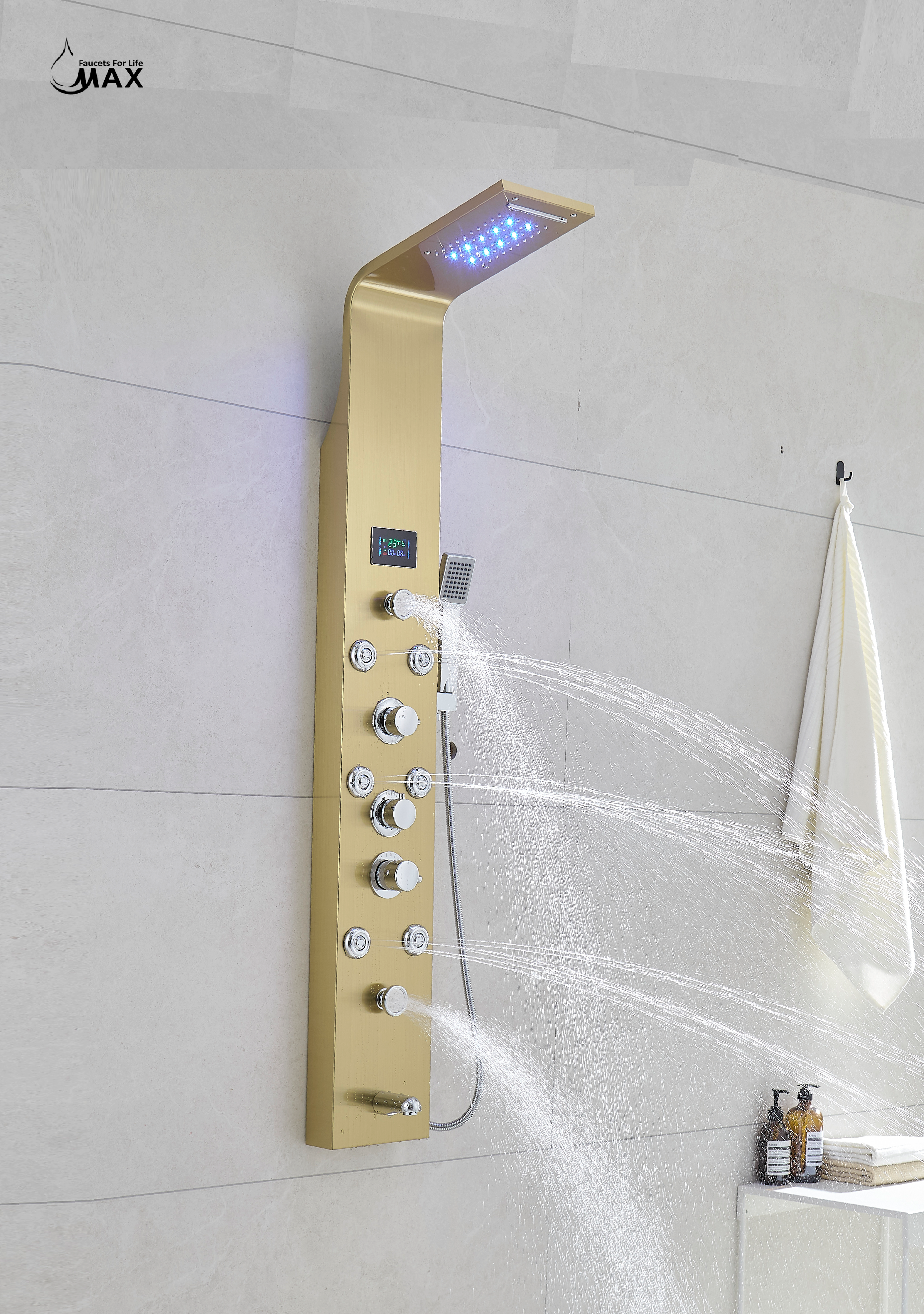 Thermostatic Rainfall Shower Panel System – 6 Functions with 8 Massage Jets, Handheld Shower & Digital Display | Brushed Gold Finish BM-SP12611-BG