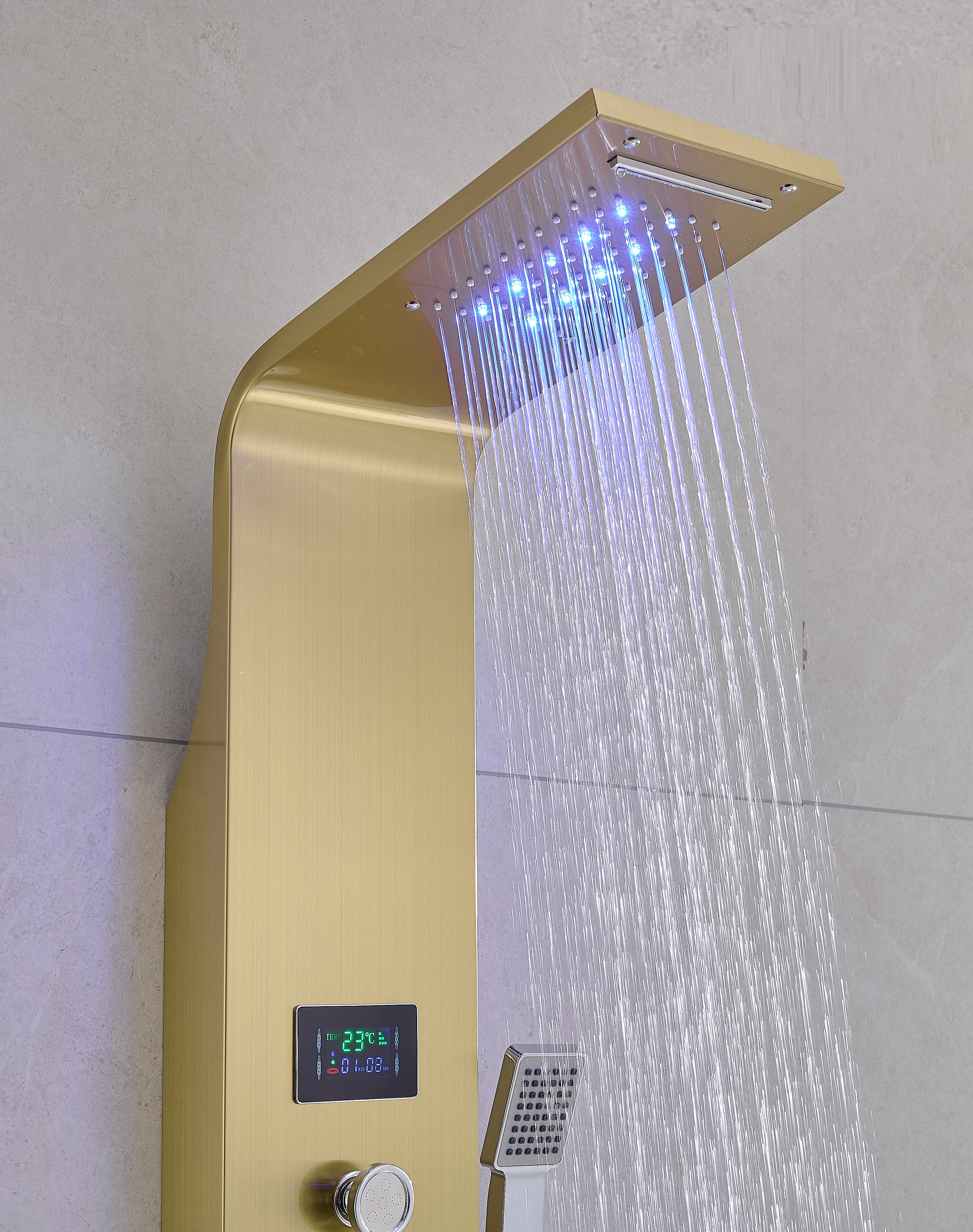 Thermostatic Rainfall Shower Panel System – 6 Functions with 8 Massage Jets, Handheld Shower & Digital Display | Brushed Gold Finish BM-SP12611-BG