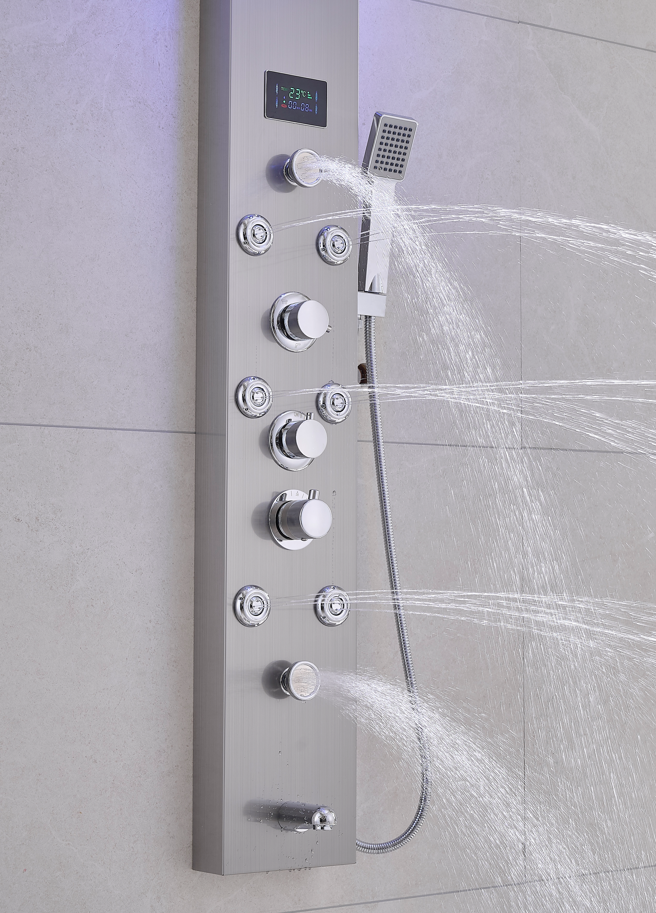 Thermostatic Rainfall Shower Panel System – 6 Functions with 8 Massage Jets, Handheld Shower & Digital Display | Chrome Finish BM-SP12611-BN