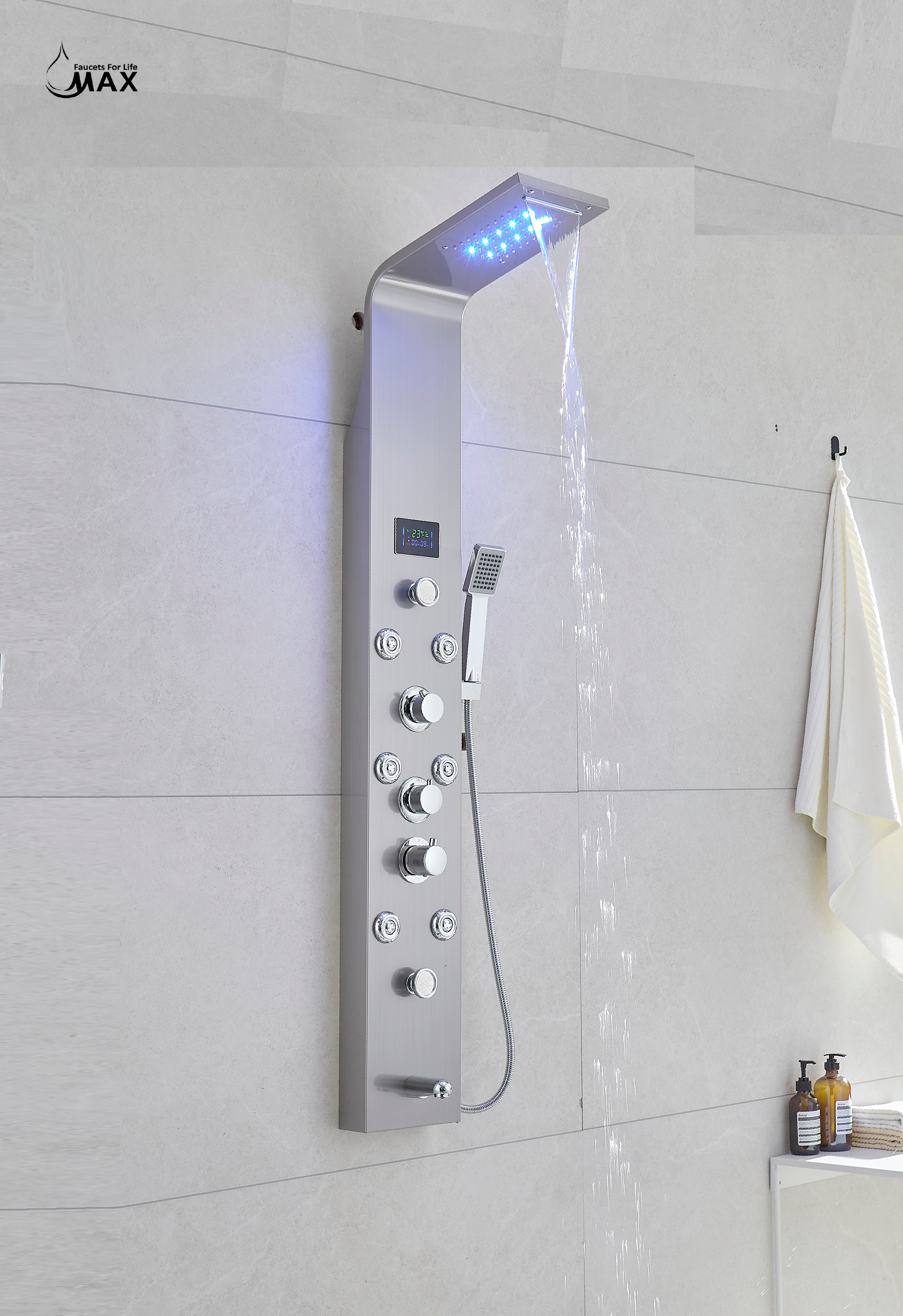 Thermostatic Rainfall Shower Panel System – 6 Functions with 8 Massage Jets, Handheld Shower & Digital Display | Chrome Finish BM-SP12611-BN