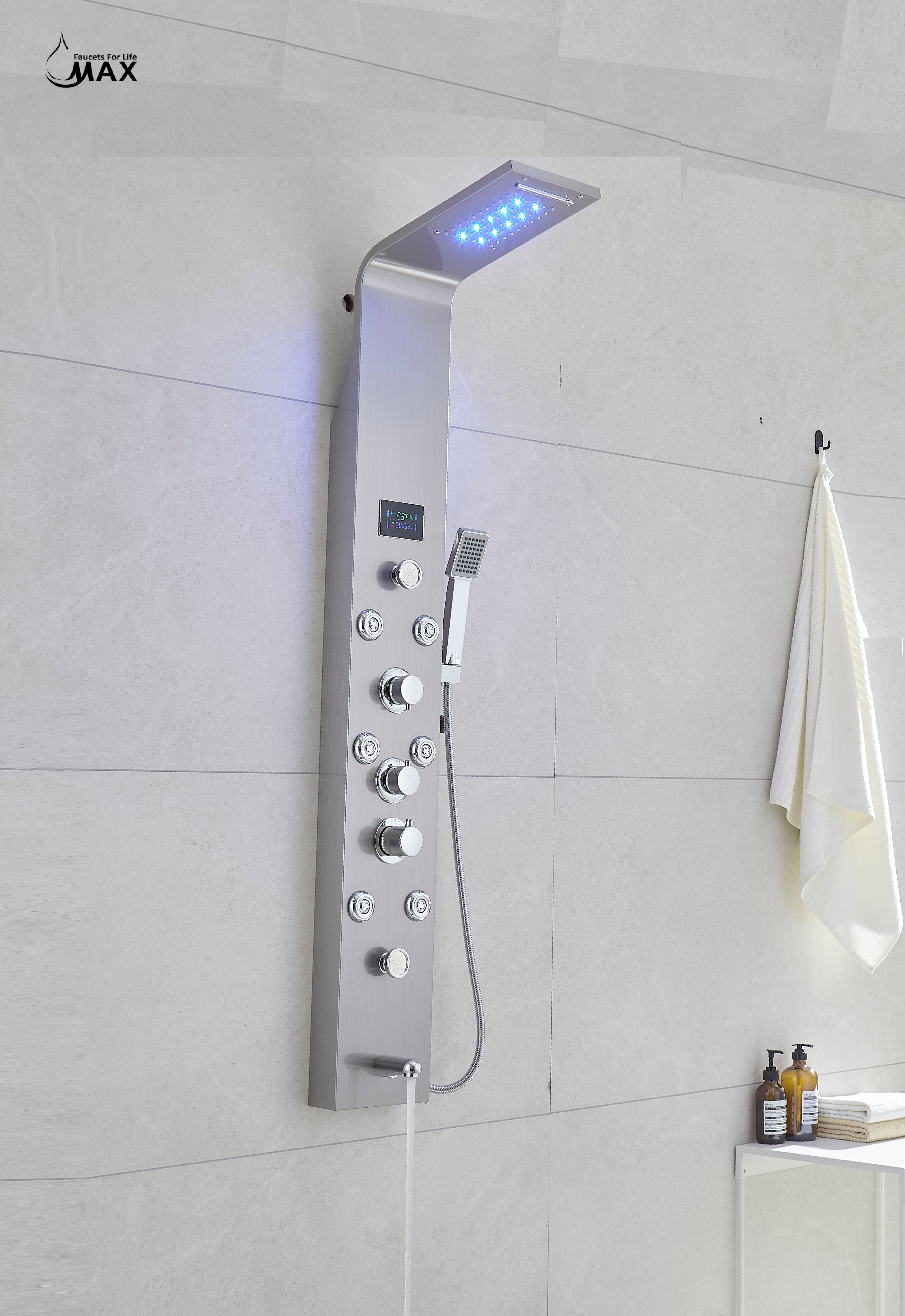 Thermostatic Rainfall Shower Panel System – 6 Functions with 8 Massage Jets, Handheld Shower & Digital Display | Chrome Finish BM-SP12611-BN