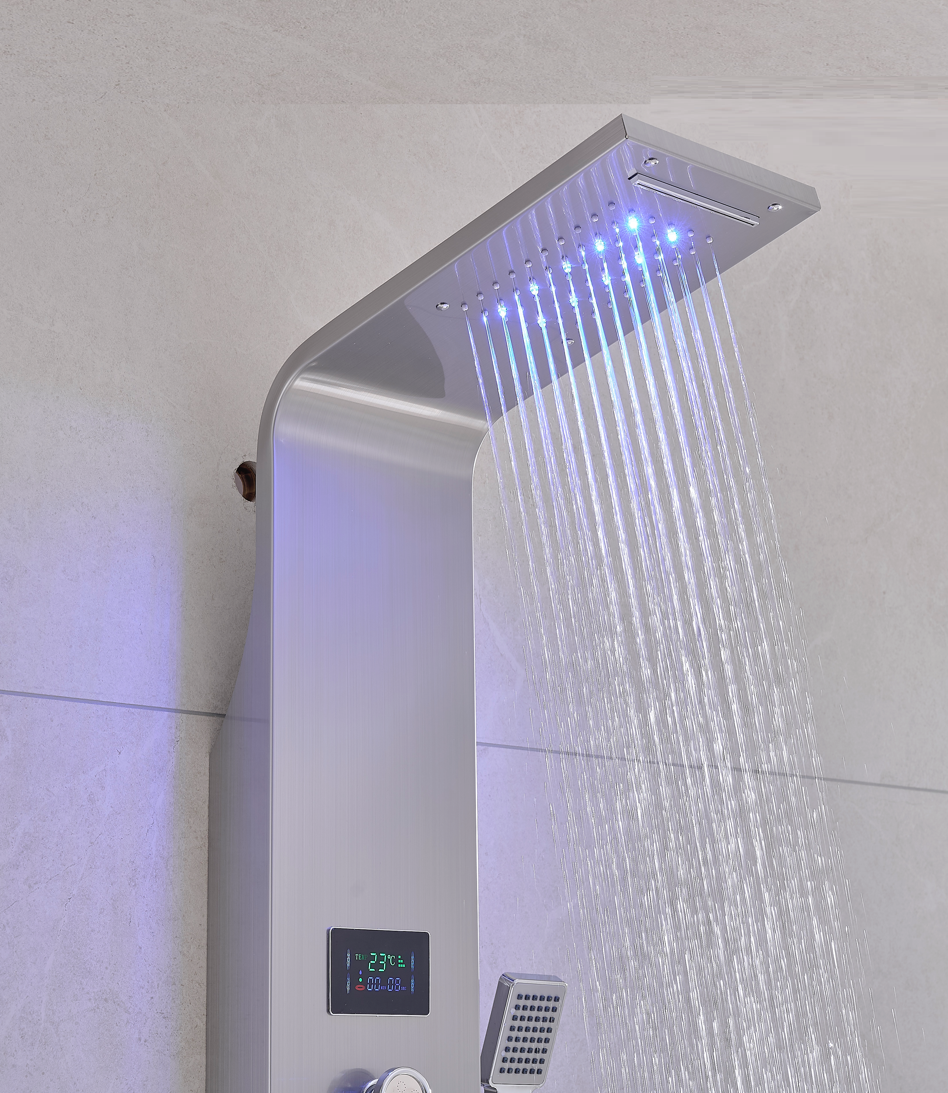 Thermostatic Rainfall Shower Panel System – 6 Functions with 8 Massage Jets, Handheld Shower & Digital Display | Chrome Finish BM-SP12611-BN