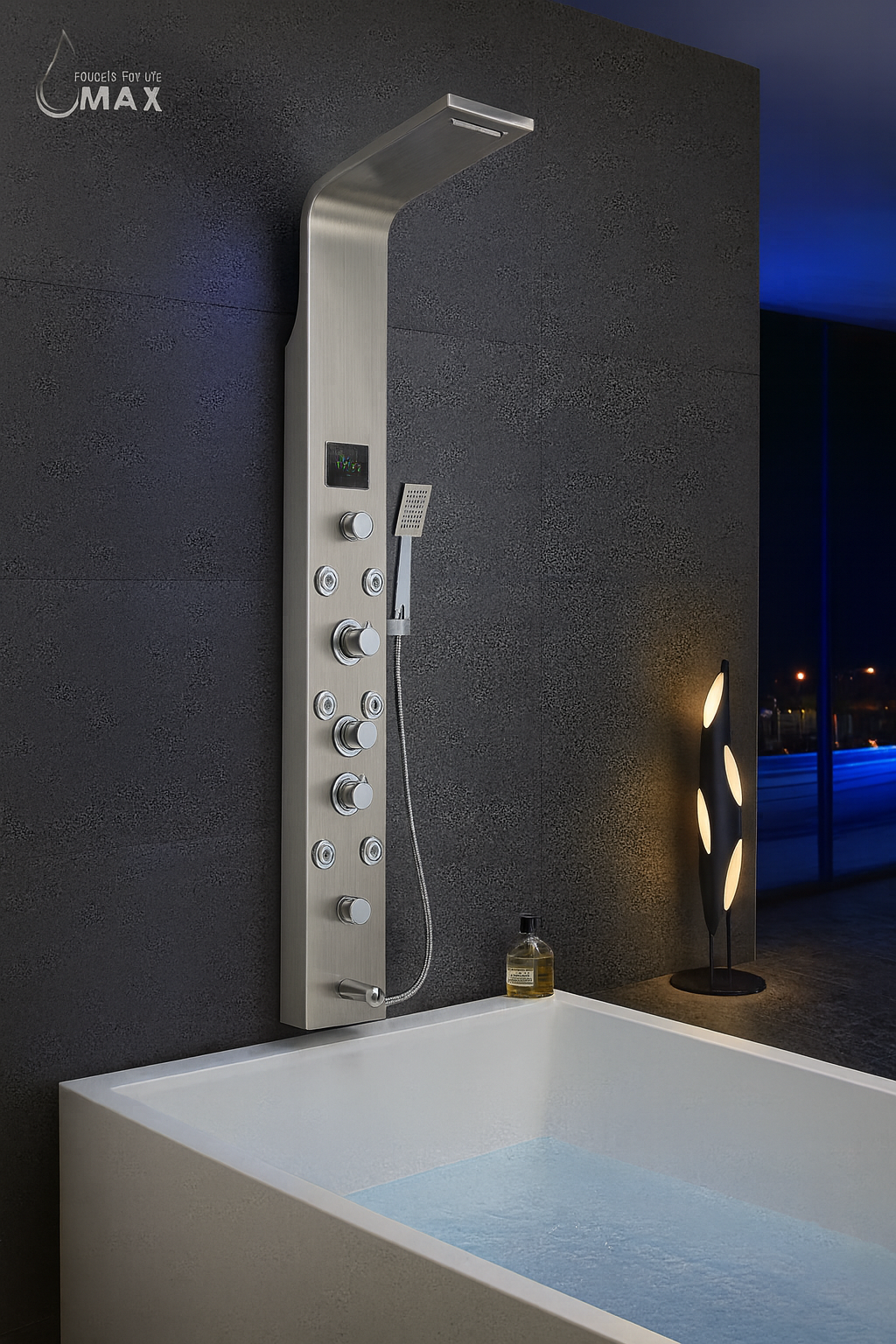Thermostatic Rainfall Shower Panel System – 6 Functions with 8 Massage Jets, Handheld Shower & Digital Display | Chrome Finish BM-SP12611-BN