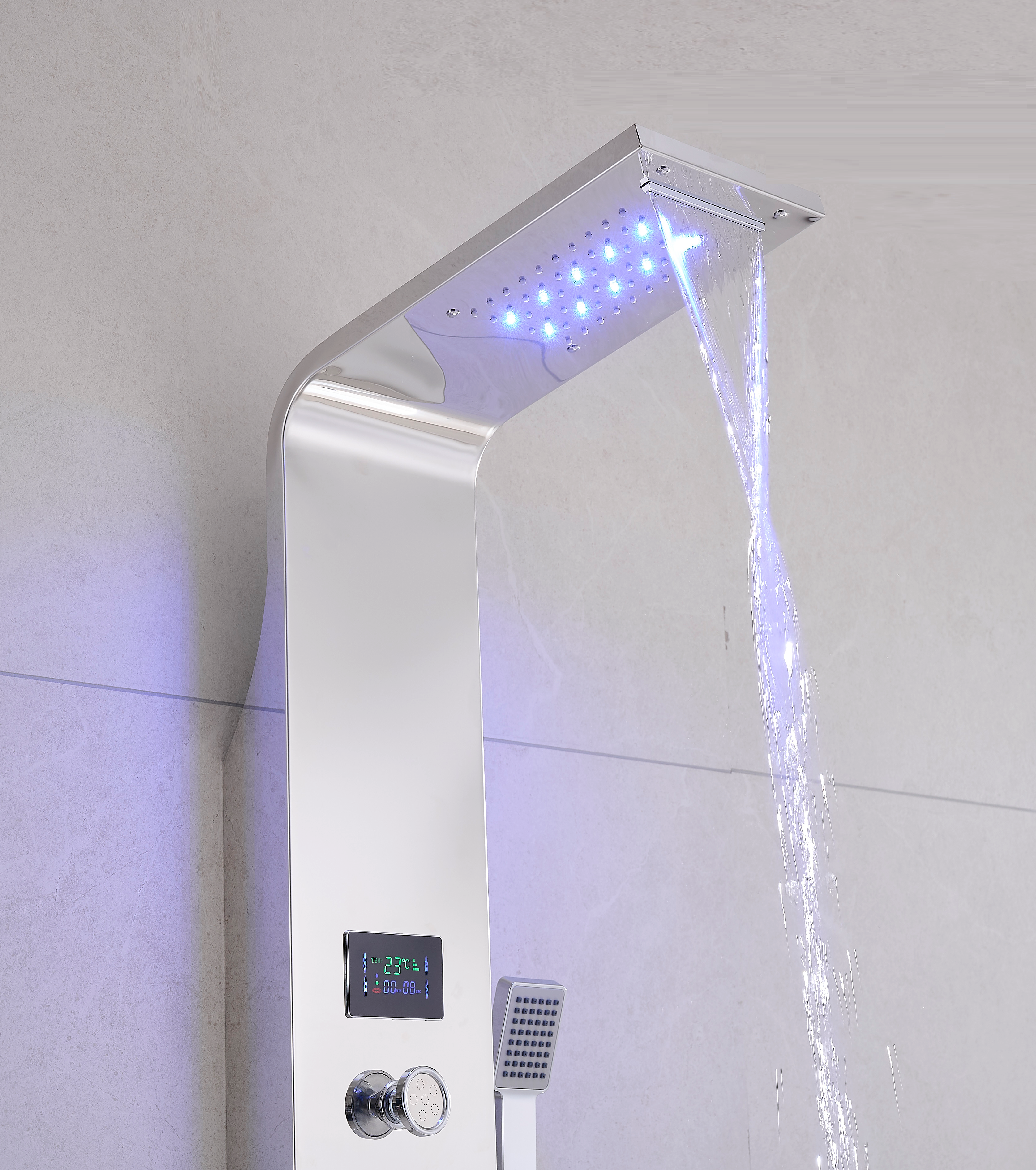 Thermostatic Rainfall Shower Panel System – 6 Functions with 8 Massage Jets, Handheld Shower & Digital Display | Chrome Finish BM-SP12611-C